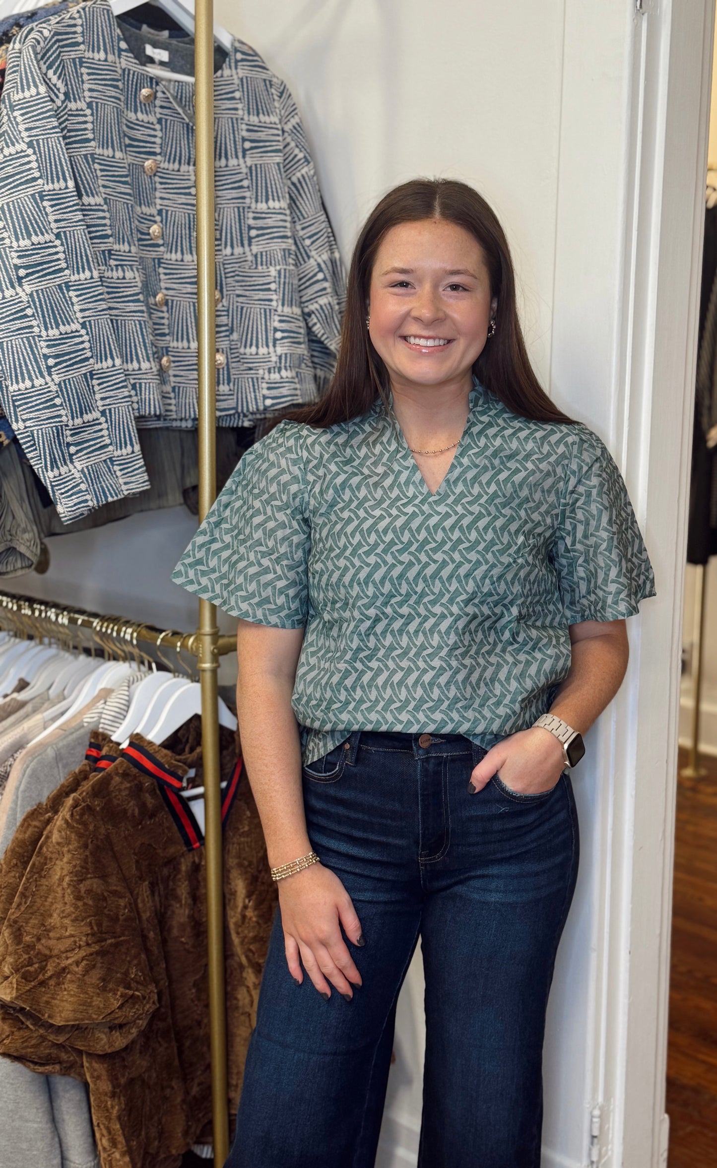 Sage Abstract Ruffle Top