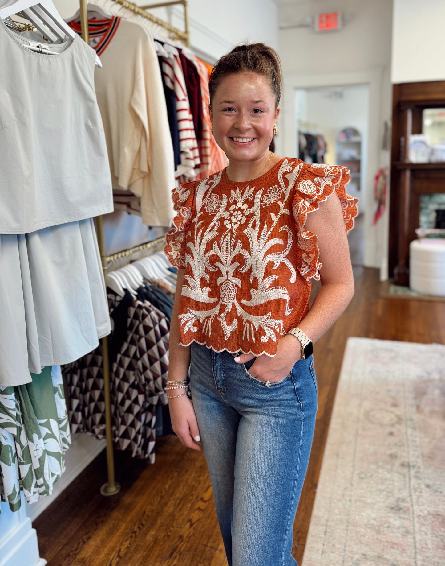 Rusty Smocked Sleeve Top