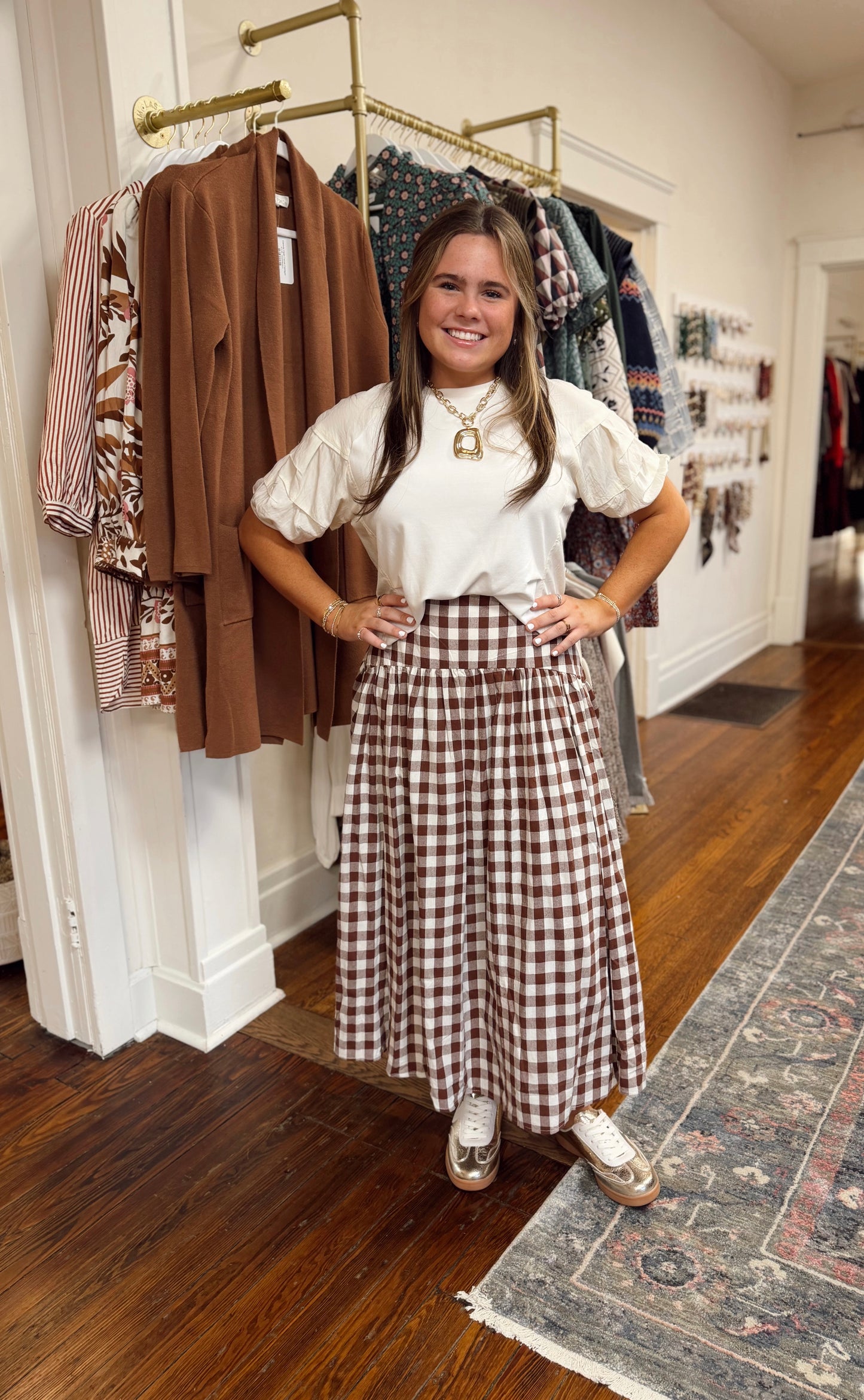 Brown Gingham Drop Waist Skirt
