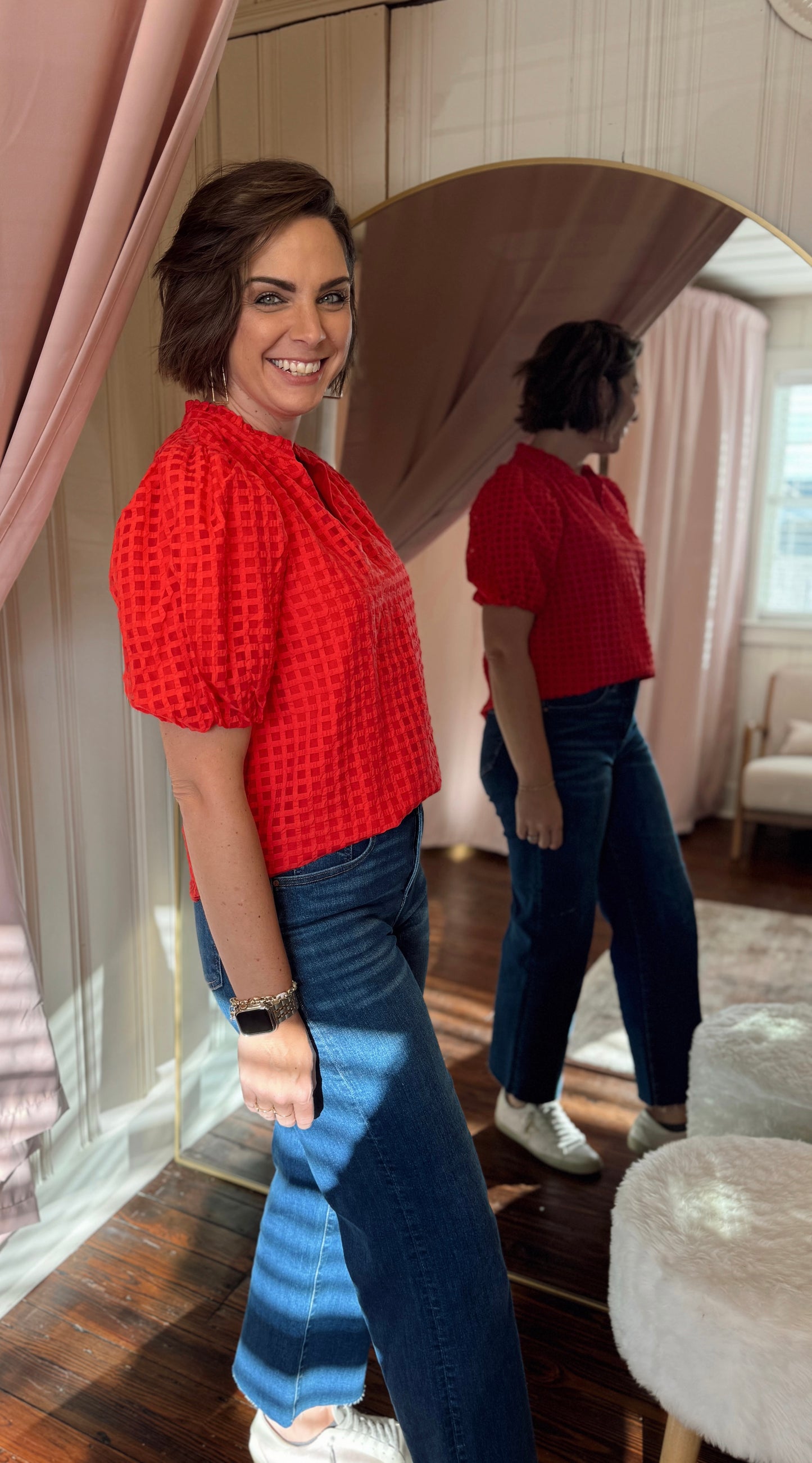 Gretna Red Ruffle Blouse
