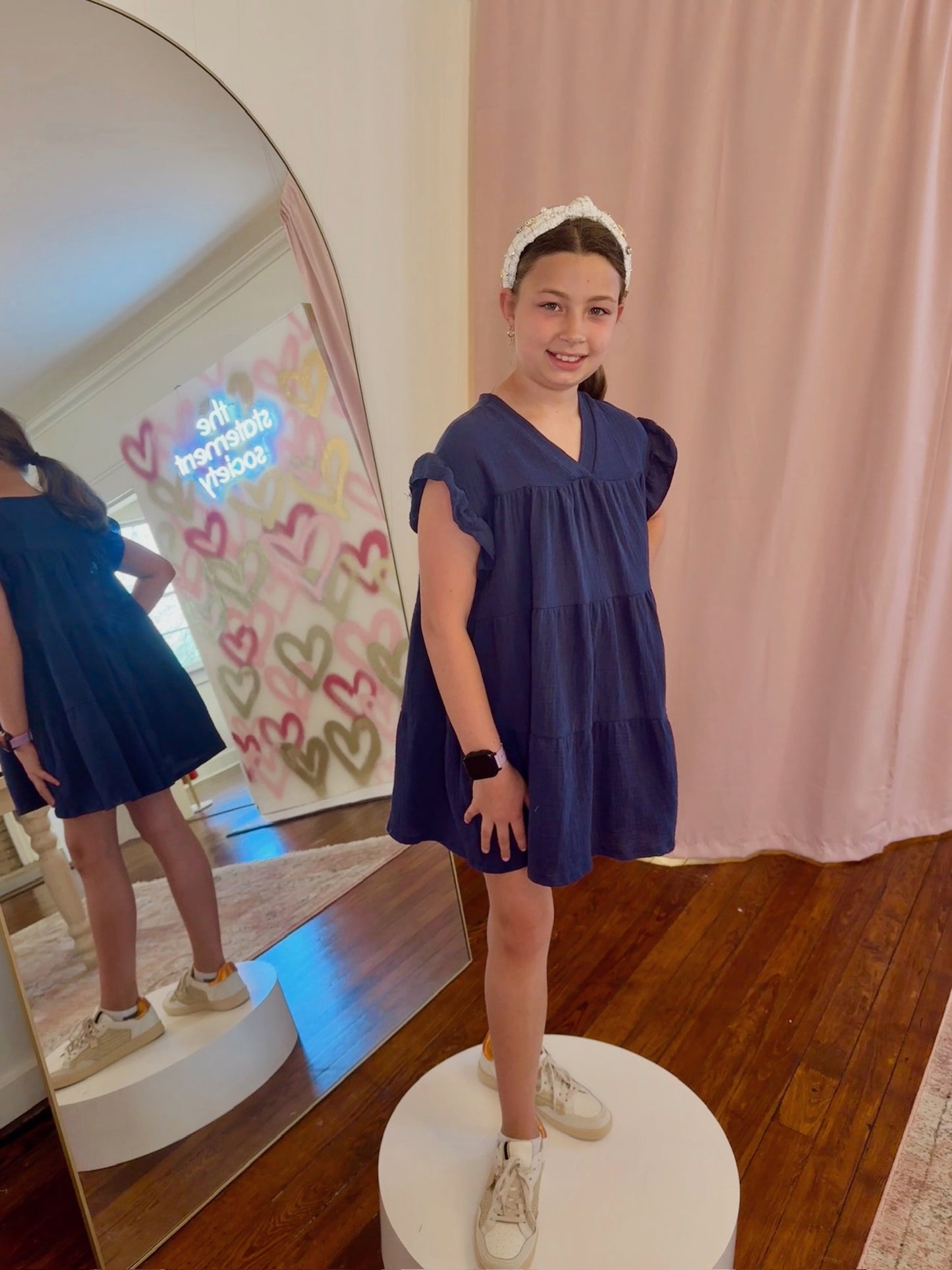 Ruffle Sleeve Gauze Dress - Navy