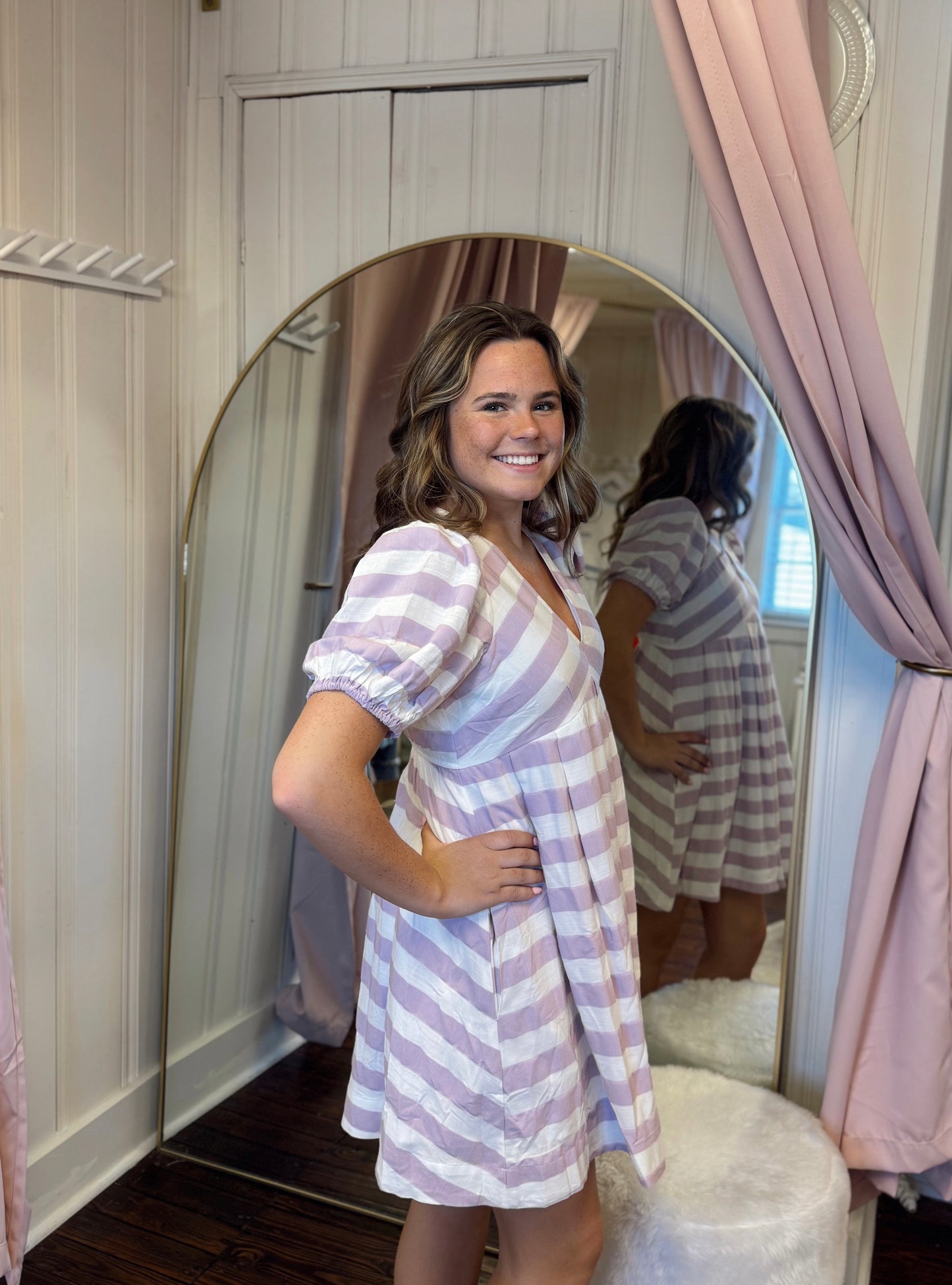 Lavender Striped Puff Sleeve Dress