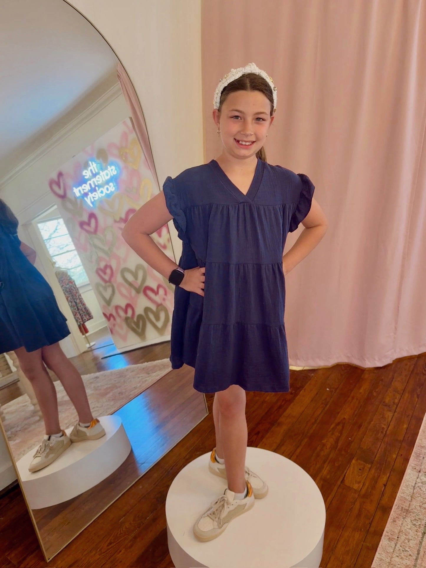 Ruffle Sleeve Gauze Dress - Navy