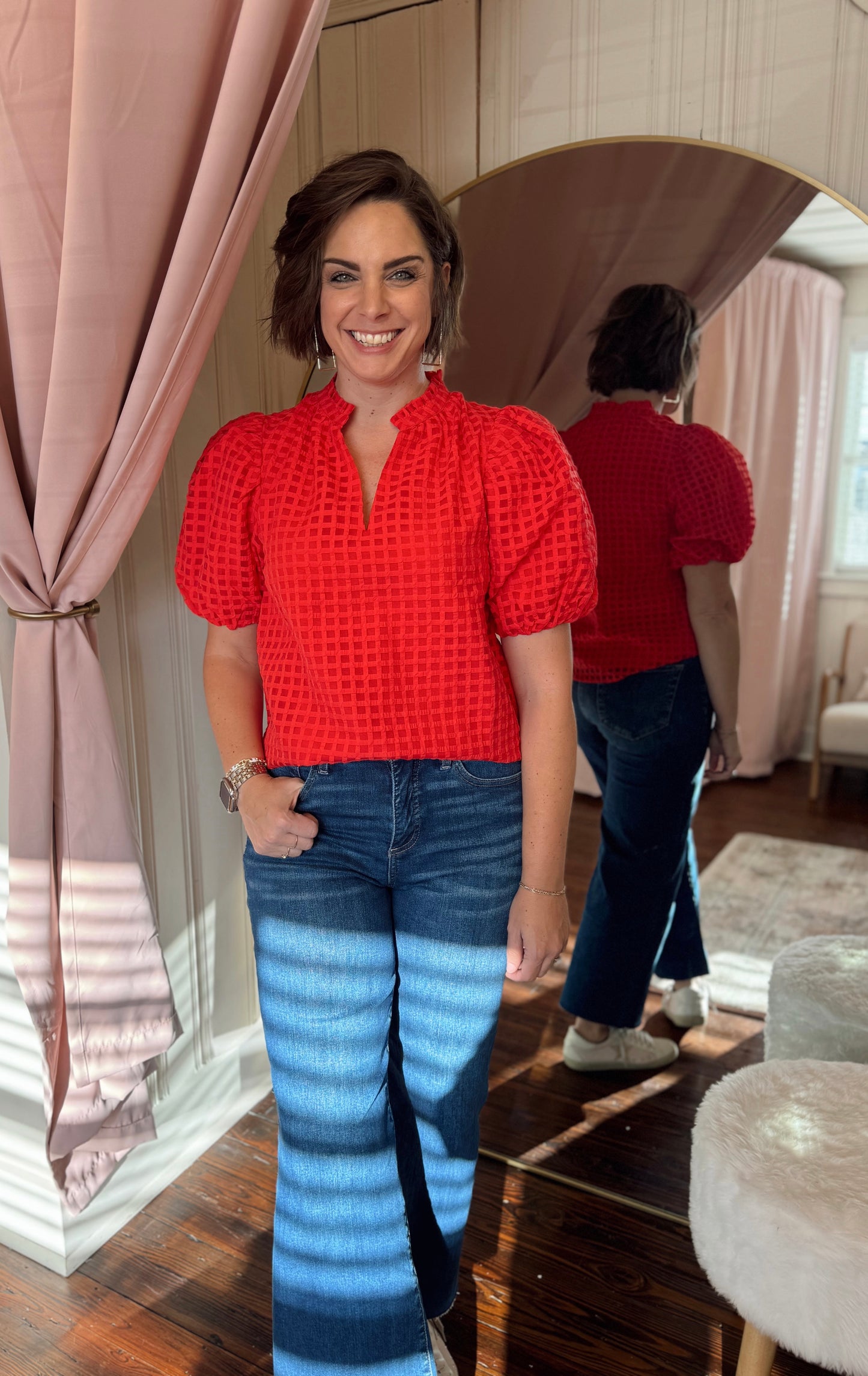Gretna Red Ruffle Blouse