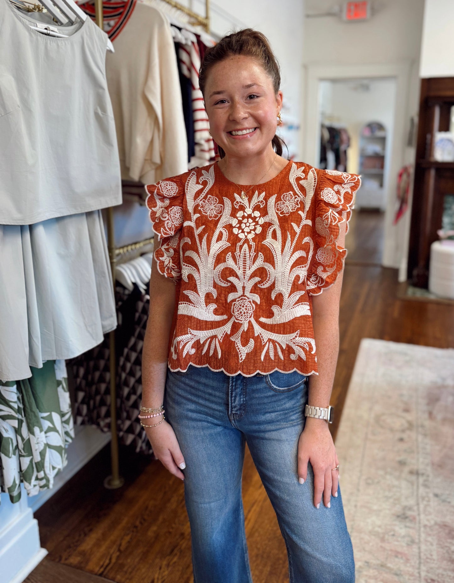 Rusty Smocked Sleeve Top