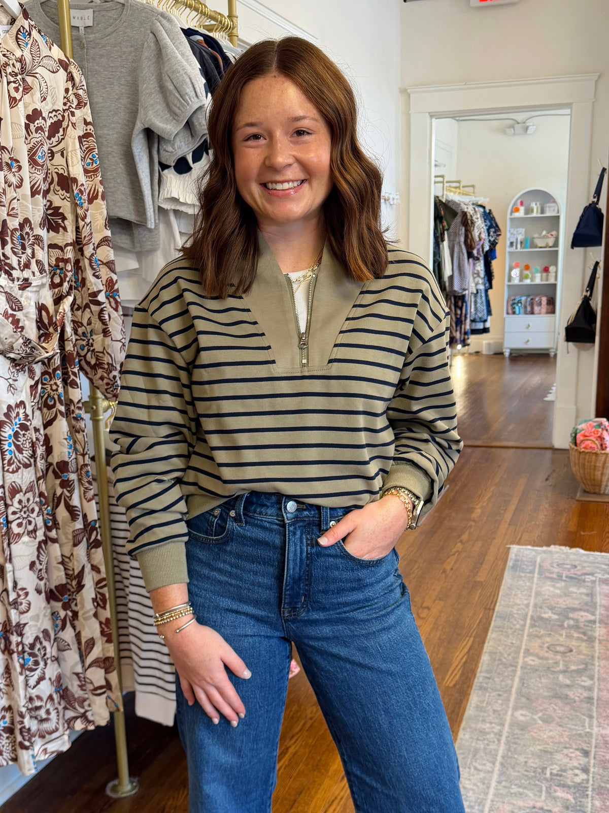 Haven Stripe Half Zip - Olive/Navy