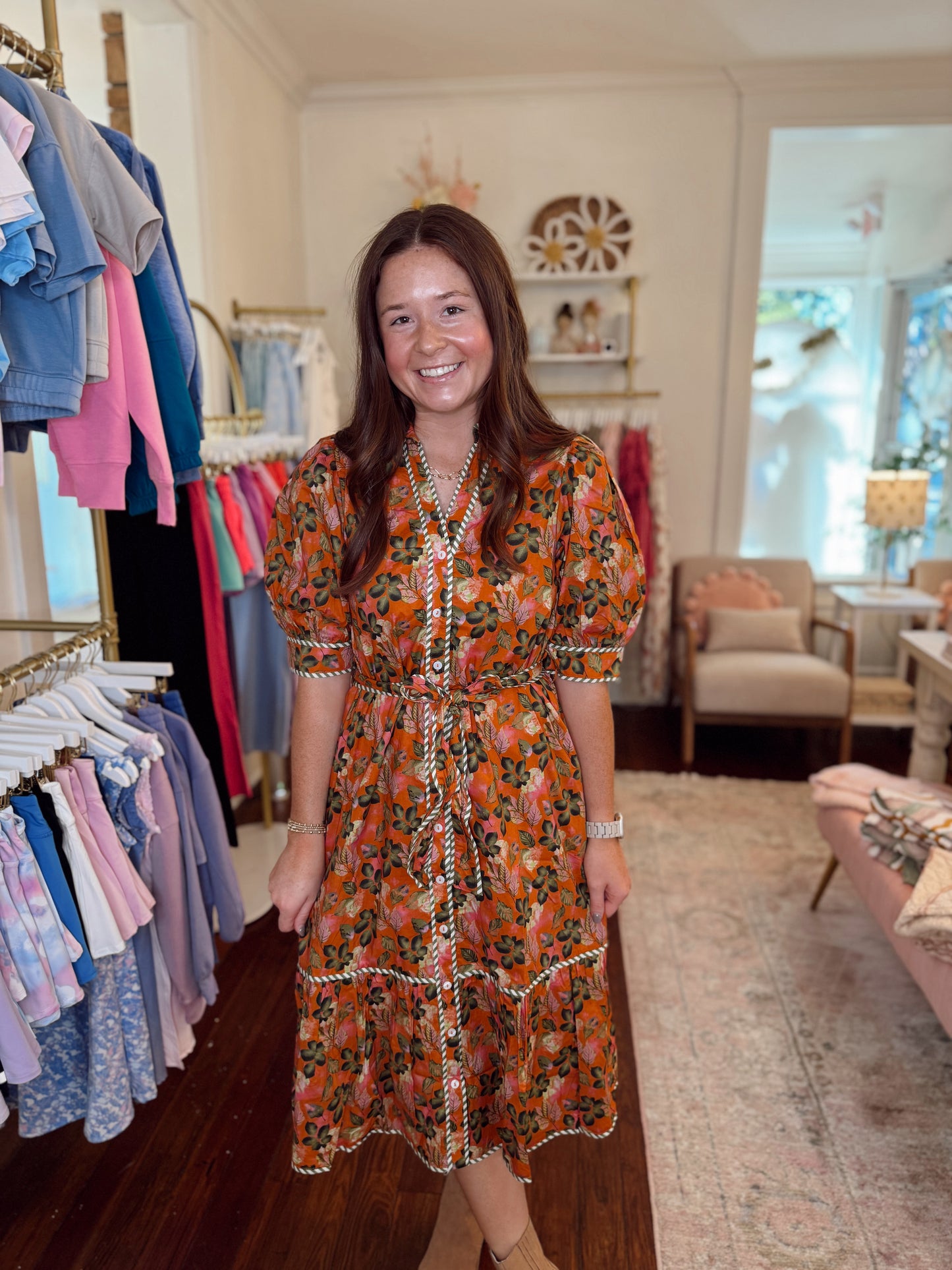 Millie Orange Floral Midi Dress