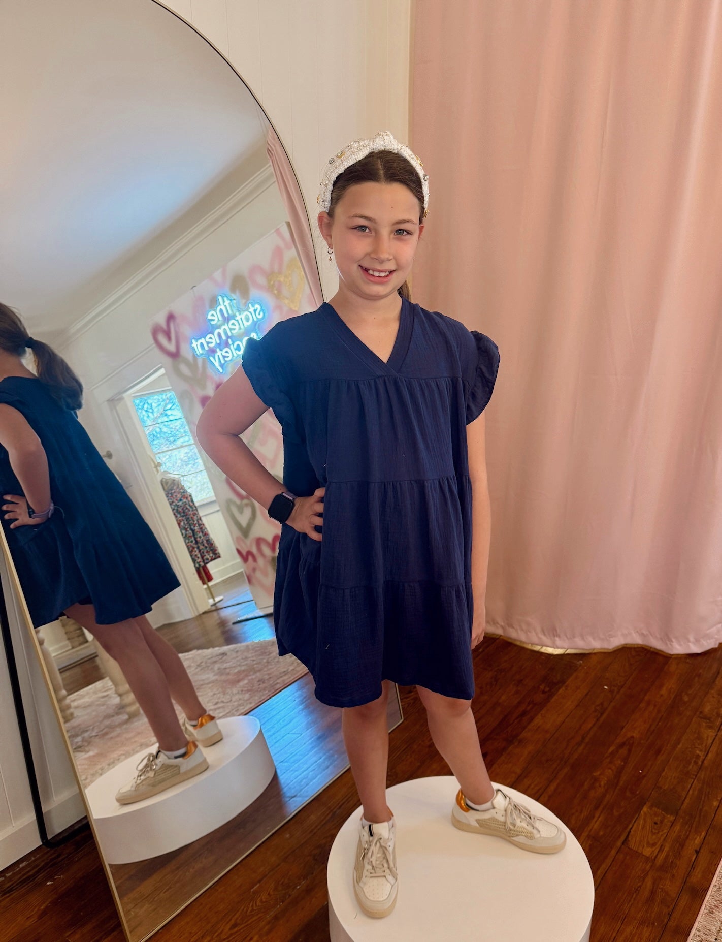 Ruffle Sleeve Gauze Dress - Navy