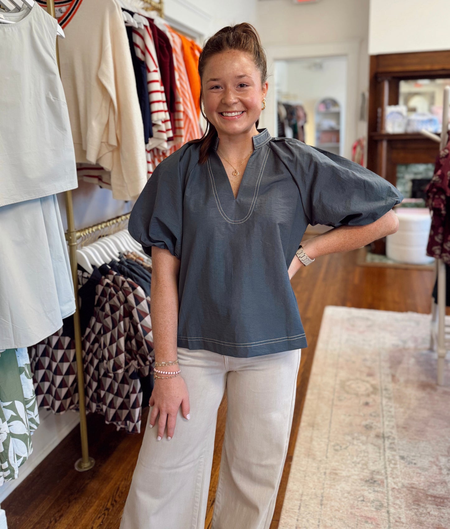 Tania Teal Contrast Stitched Top