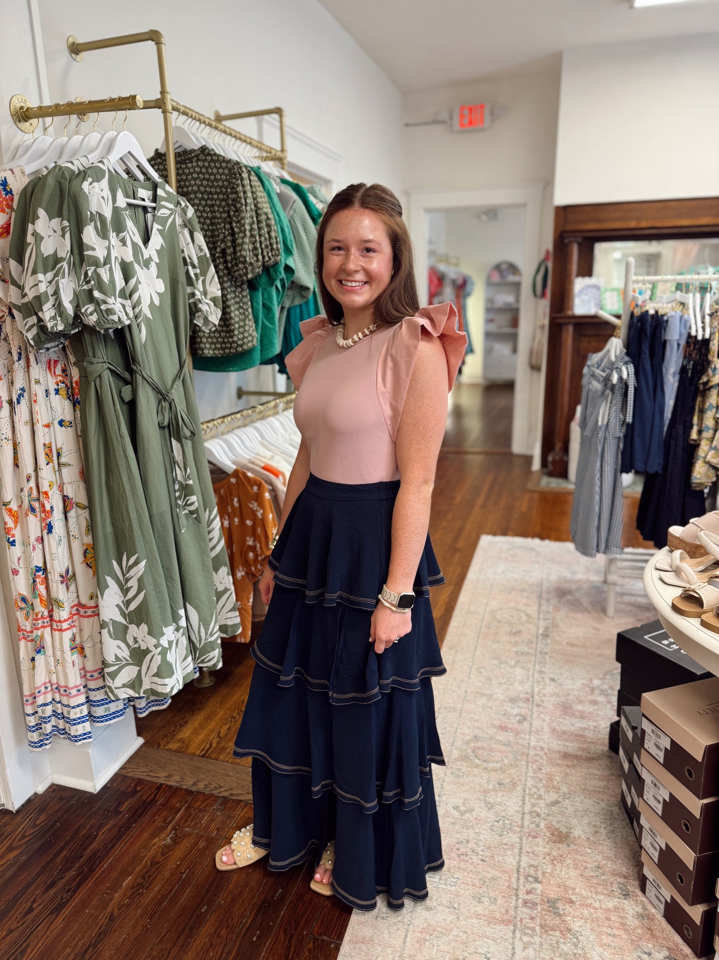 Mallory Contrast Stitched Navy Tiered Skirt