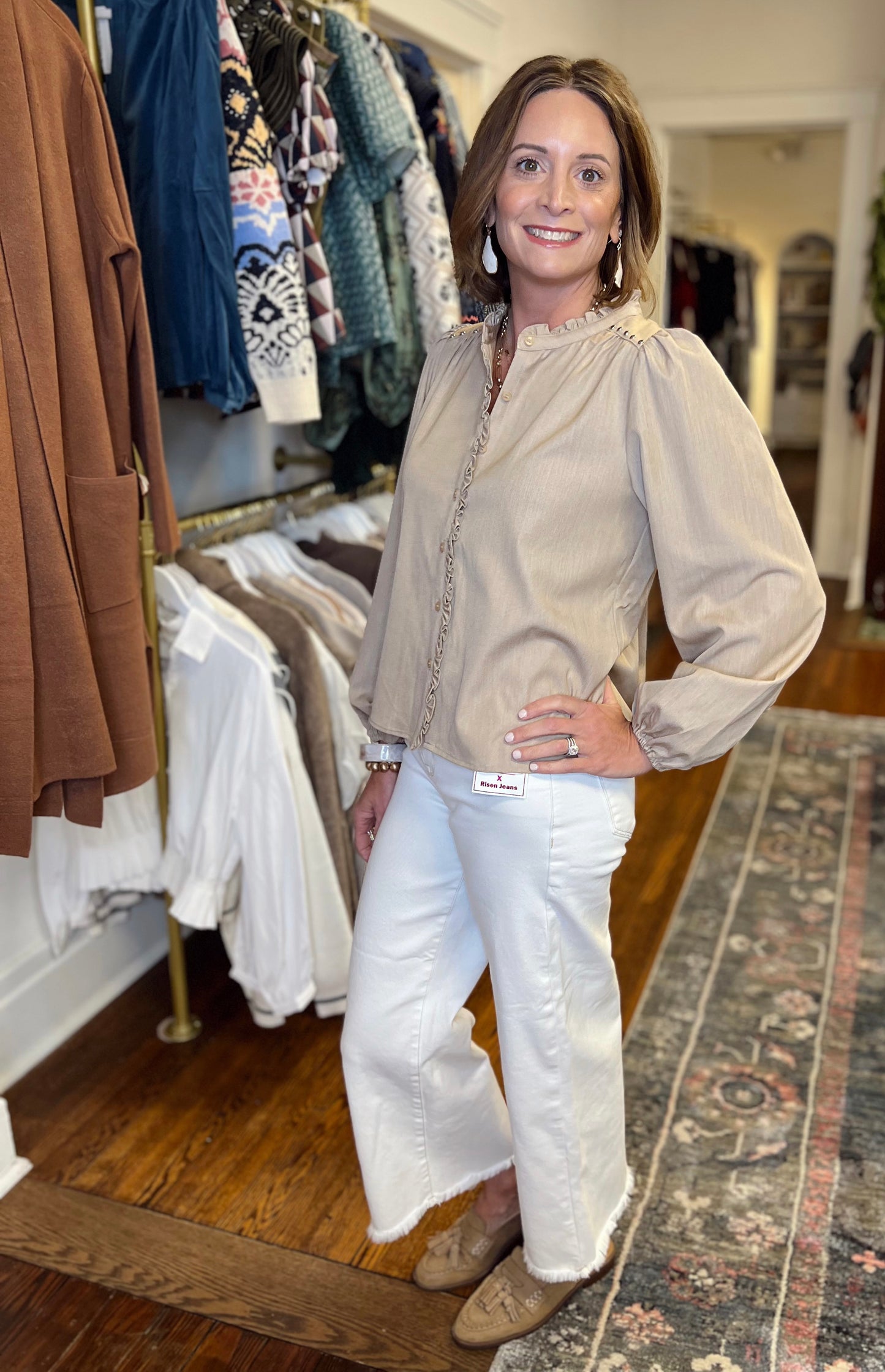 Studded Ruffle Top - Taupe