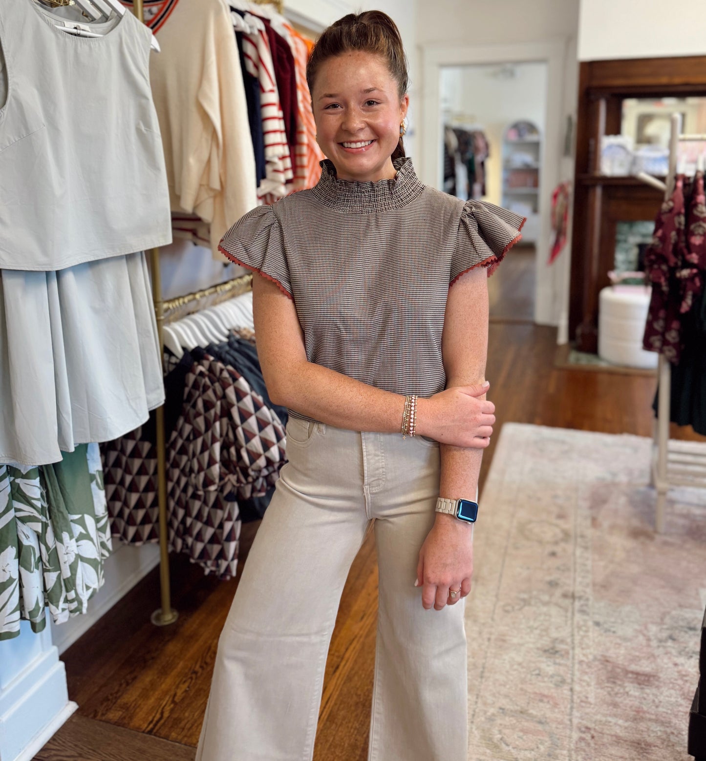 Lacey Houndstooth Flutter Sleeve Top
