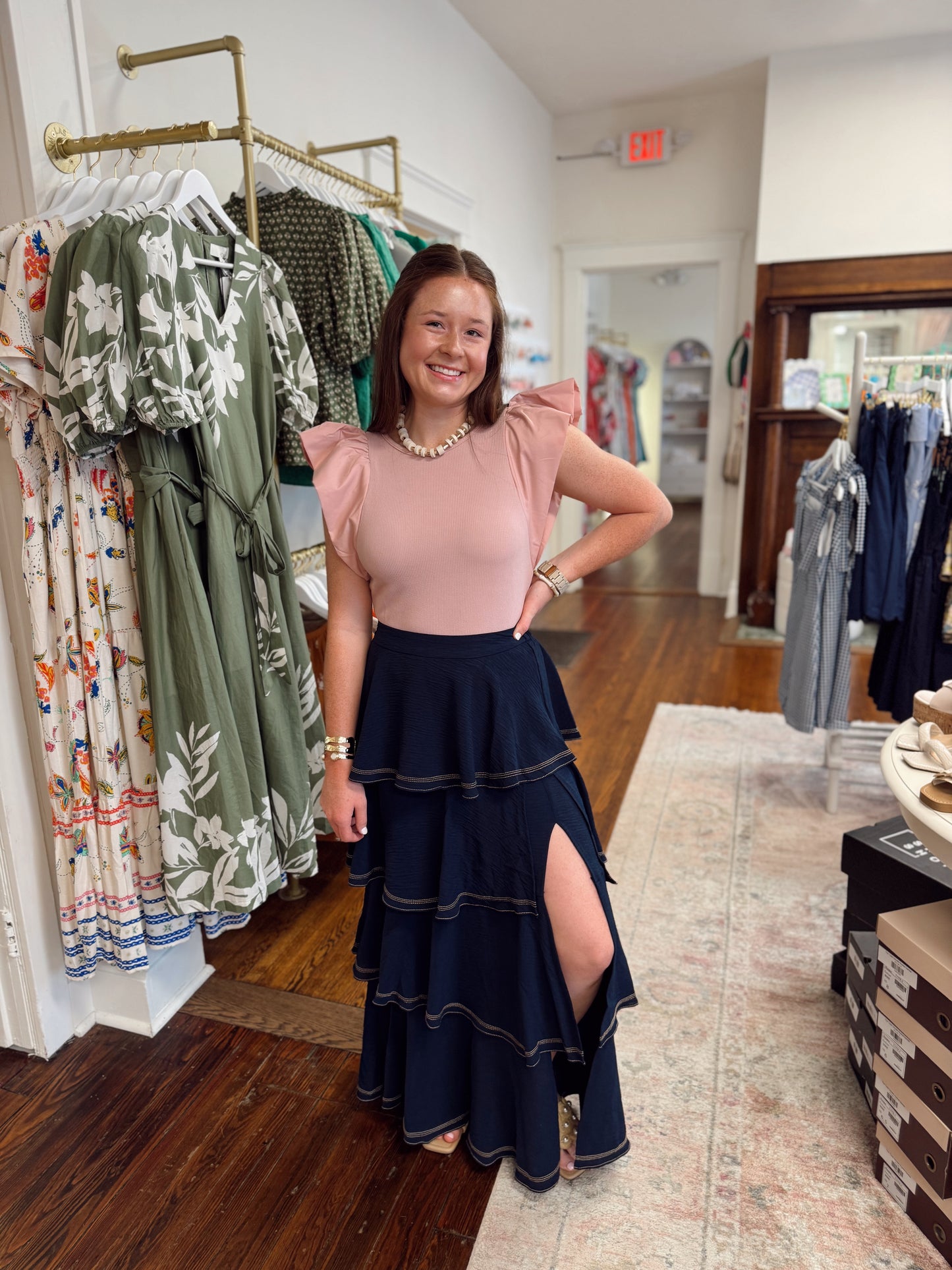 Mallory Contrast Stitched Navy Tiered Skirt