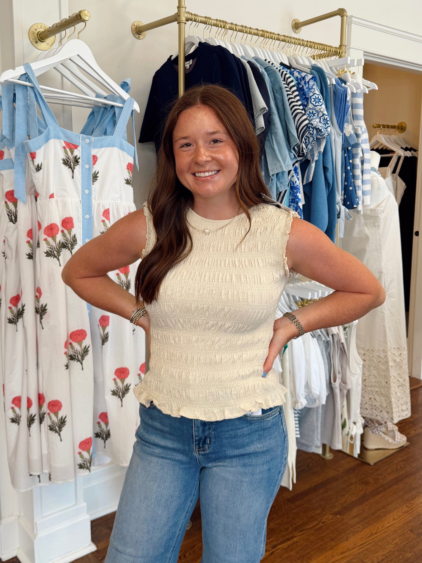 All Over Smocking Cream Top