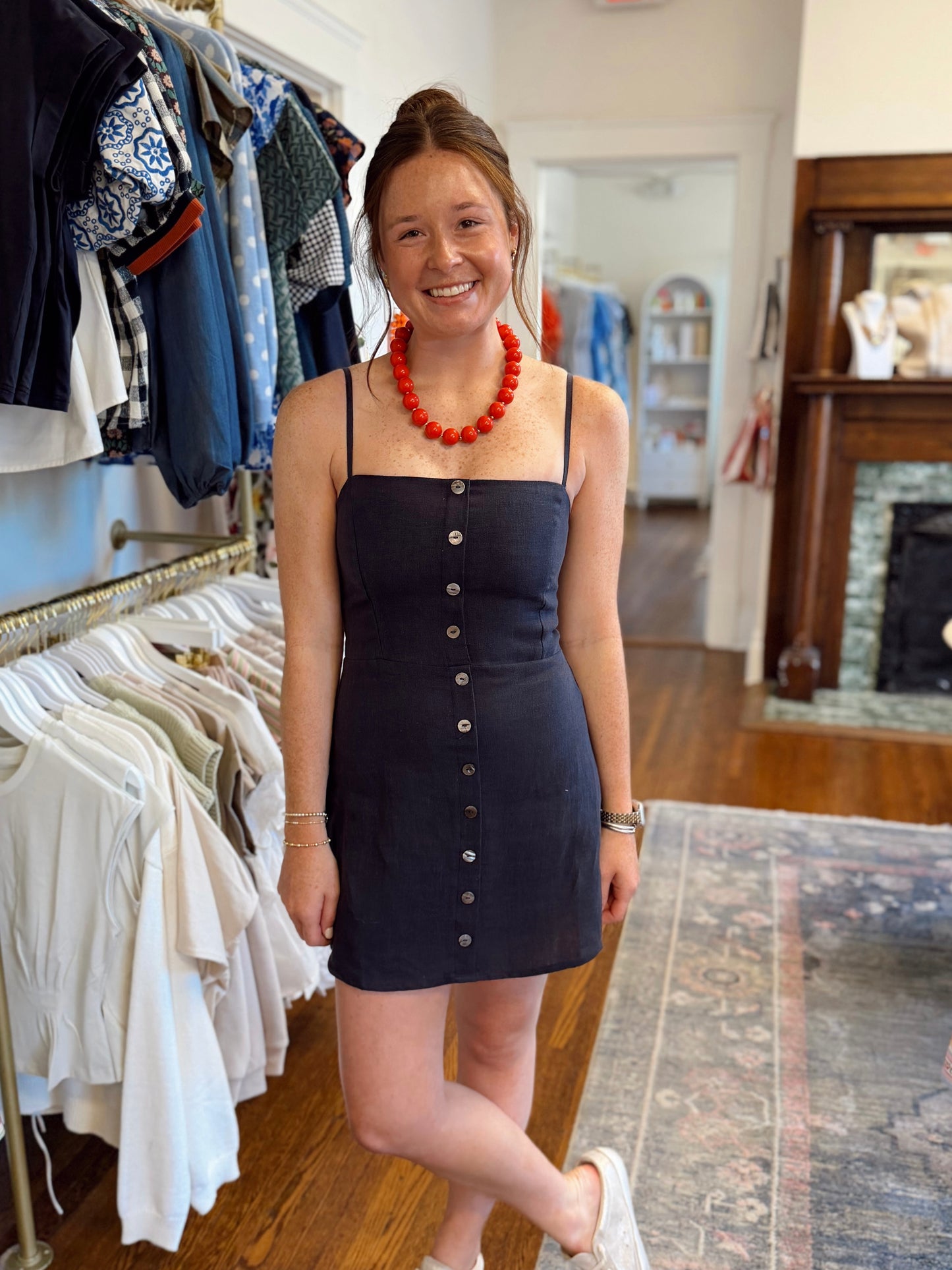 Sariah Button Front Linen Dress - Navy