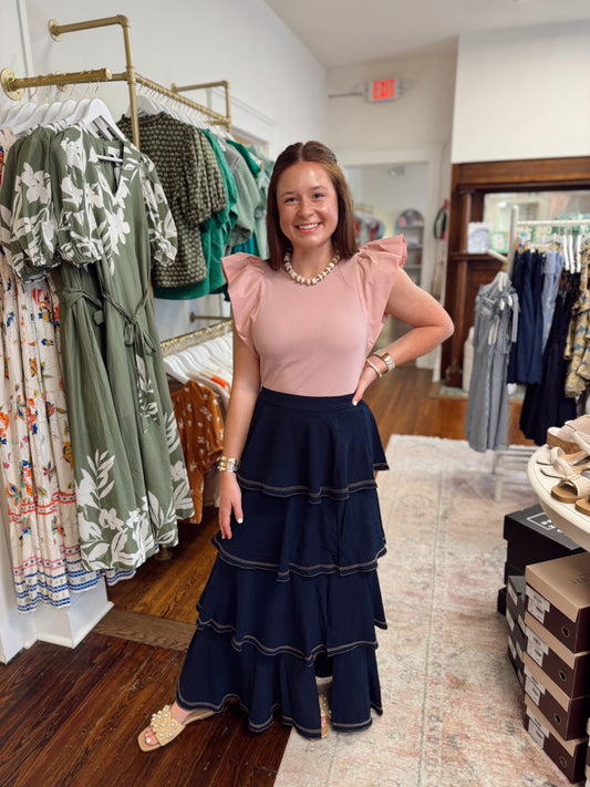 Mallory Contrast Stitched Navy Tiered Skirt