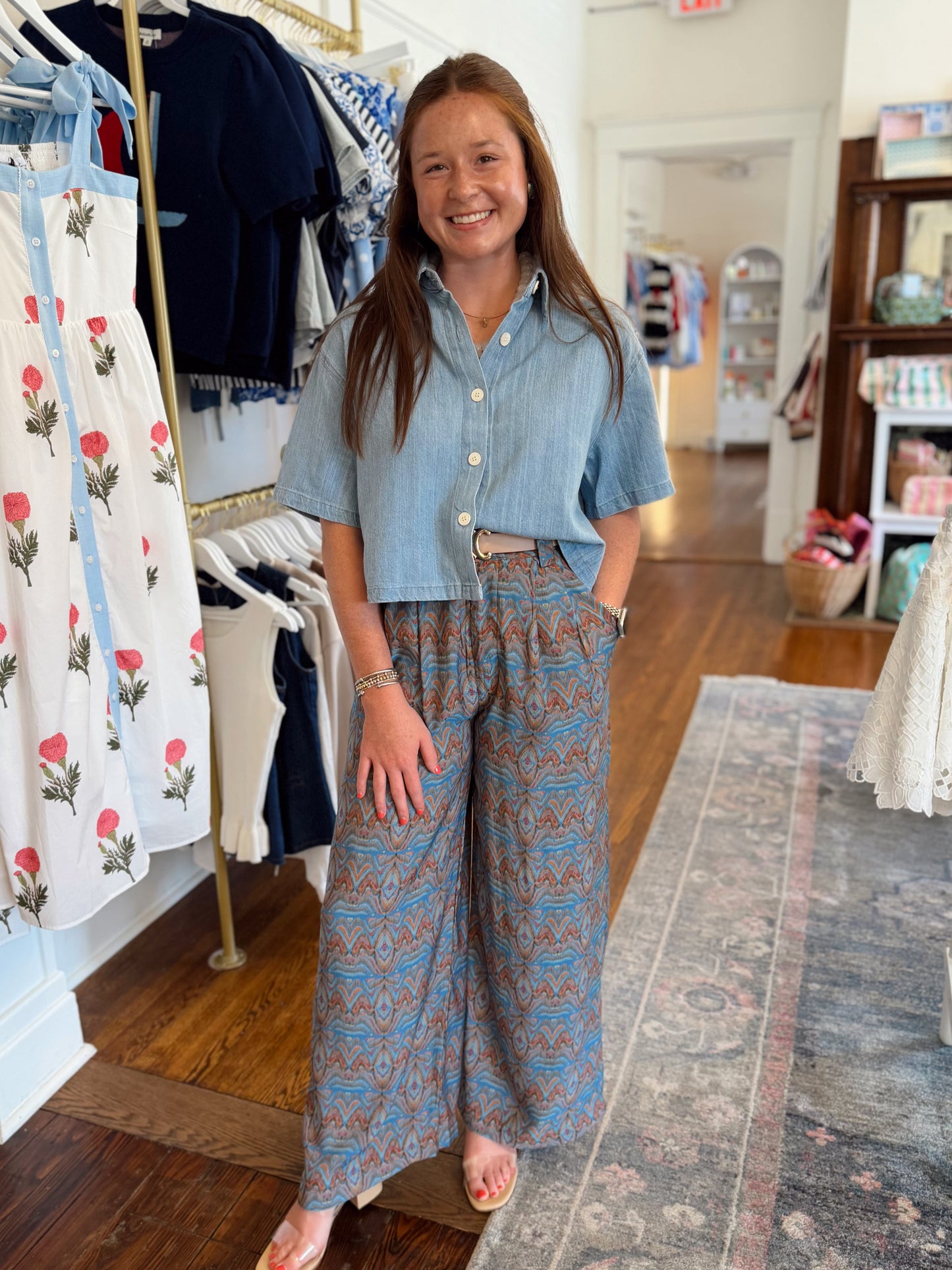 Abstract Blue Pleated Pants