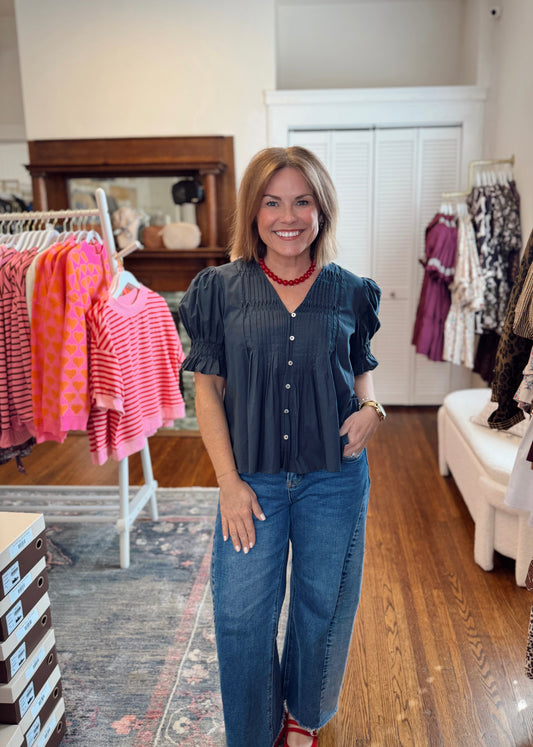 Aimee Navy Tucked Detail Top