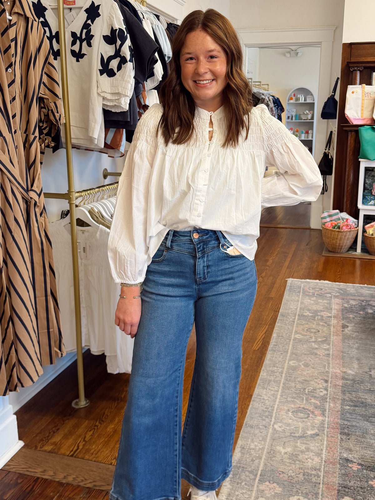 Kellar Smocked Button Down - White