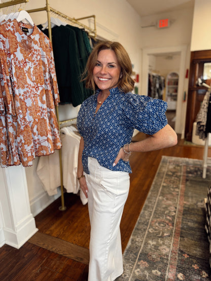 Hallie Floral Button Down Top - Navy