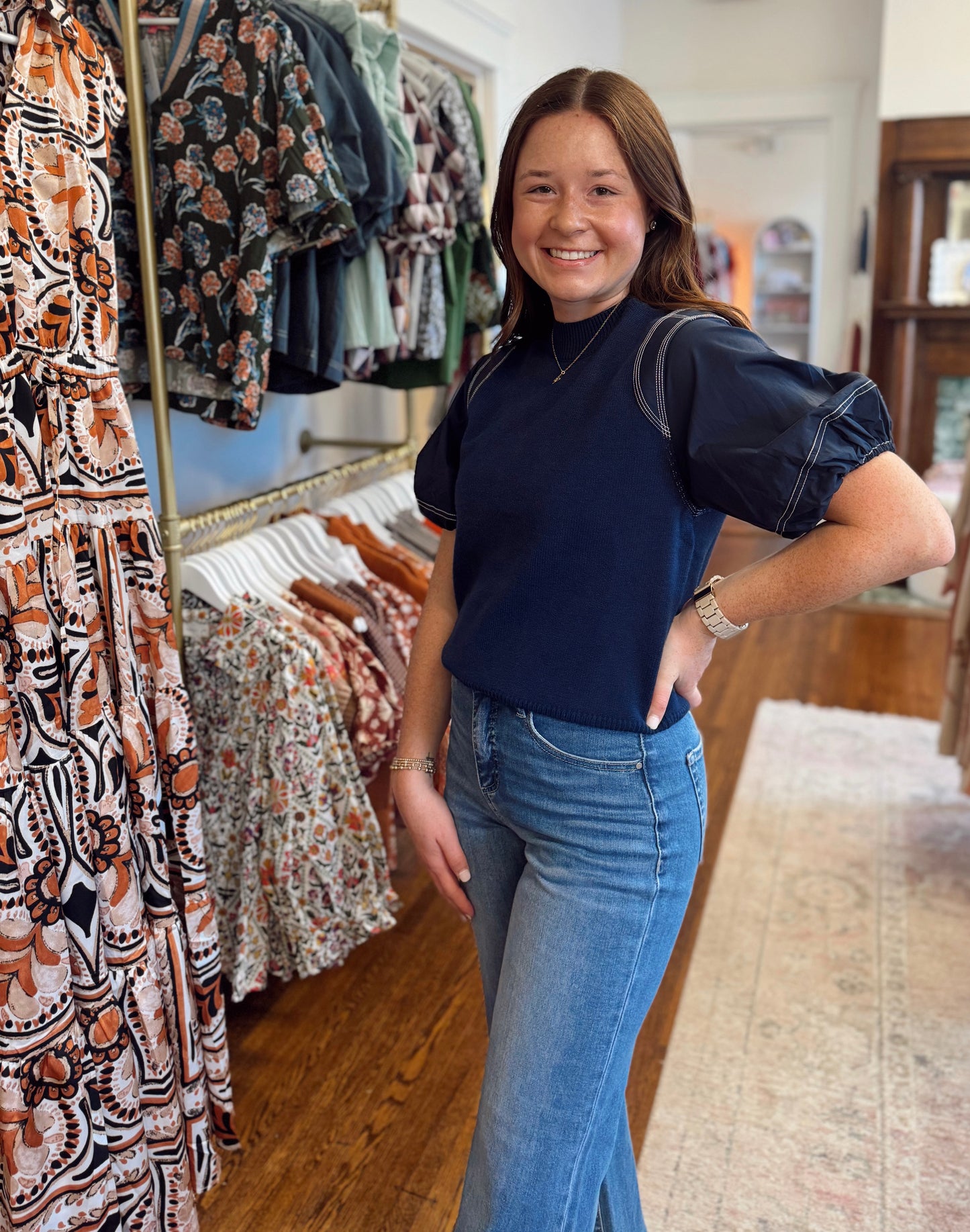 Poplin Puff Sleeve Navy Top