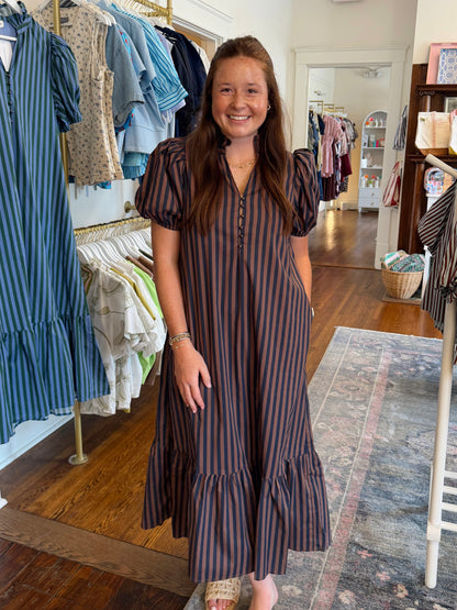 Vincent Stripe Dress - Navy/Brown