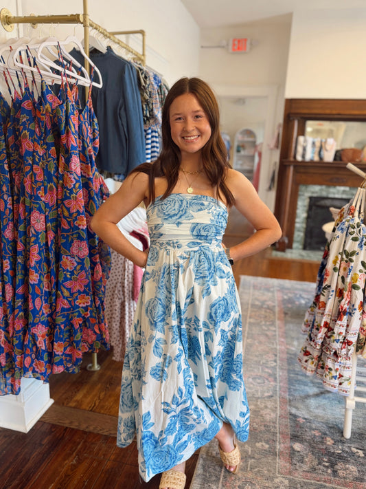 Kyra Blue Blossom Strapless Dress