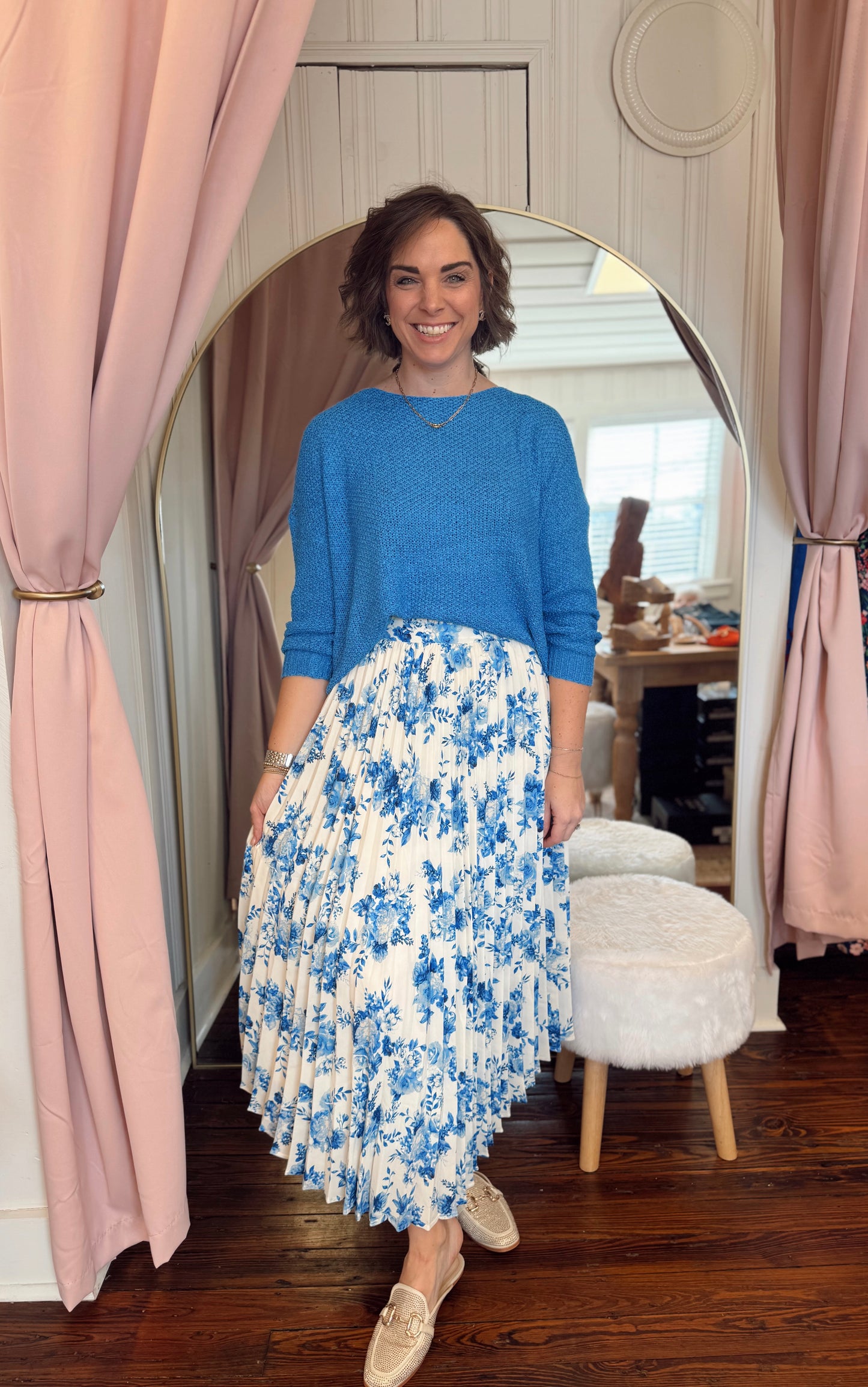 Blue Floral Pleated Skirt