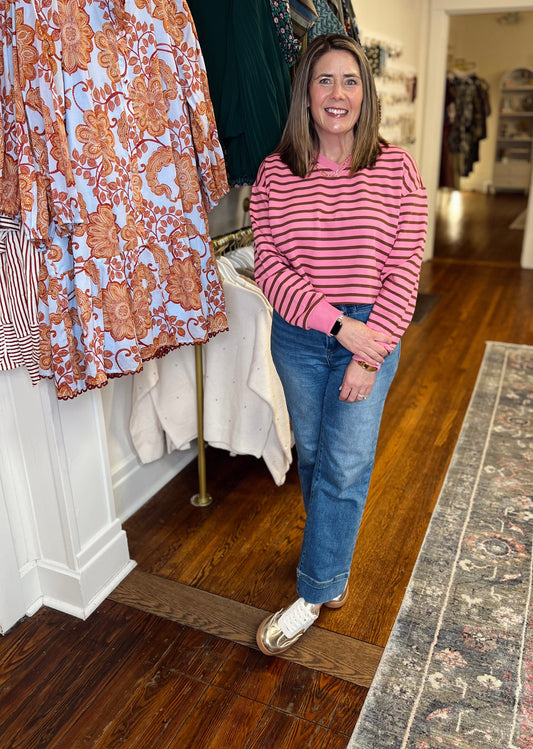 French Terry Pink Stripe Sweatshirt
