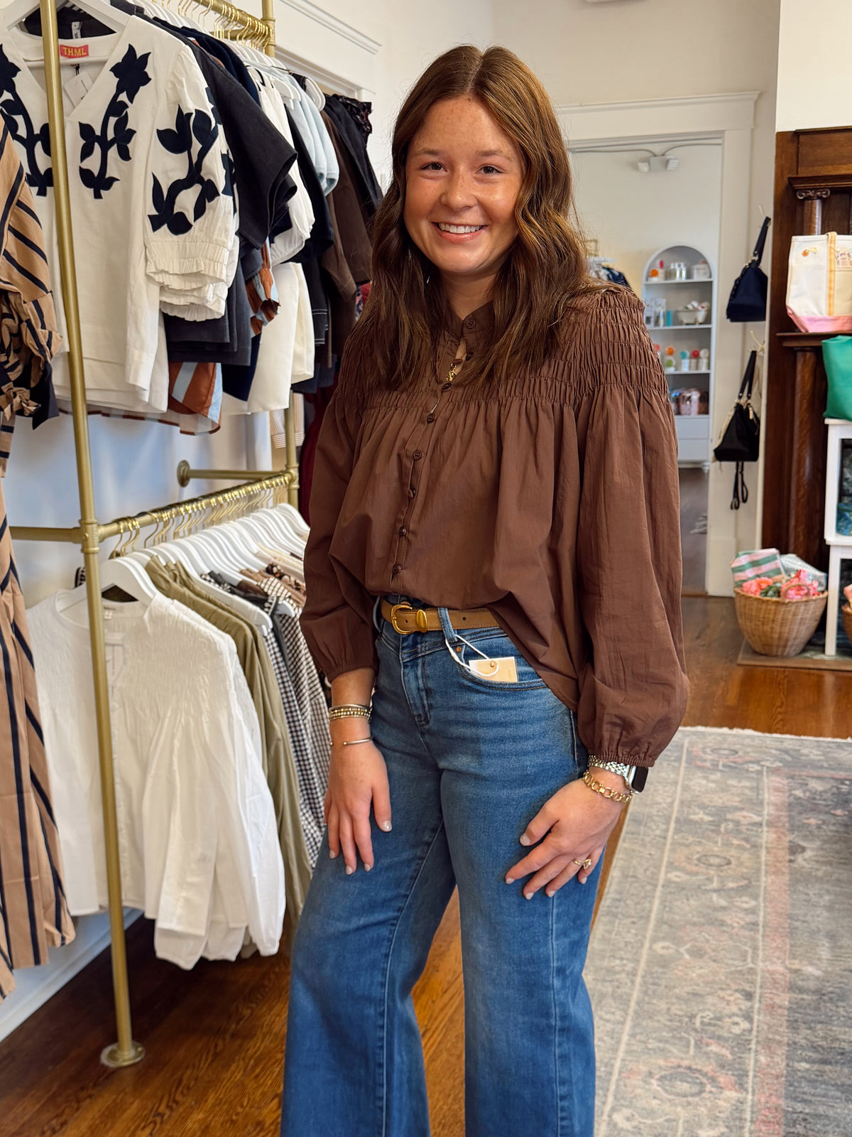 Kellar Smocked Button Down - Brown