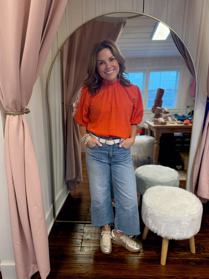 Orange & White Puff Sleeve Top