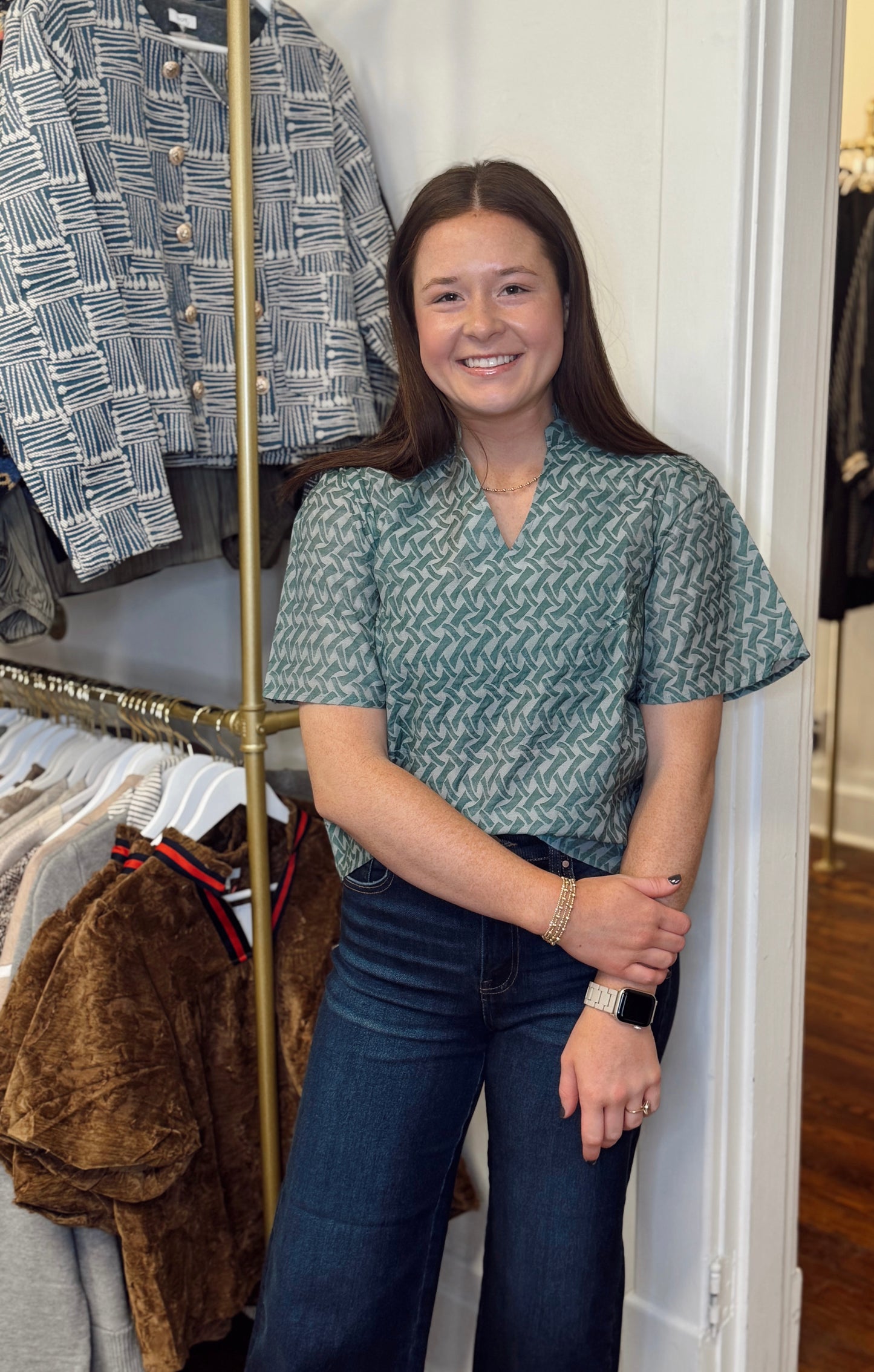 Sage Abstract Ruffle Top