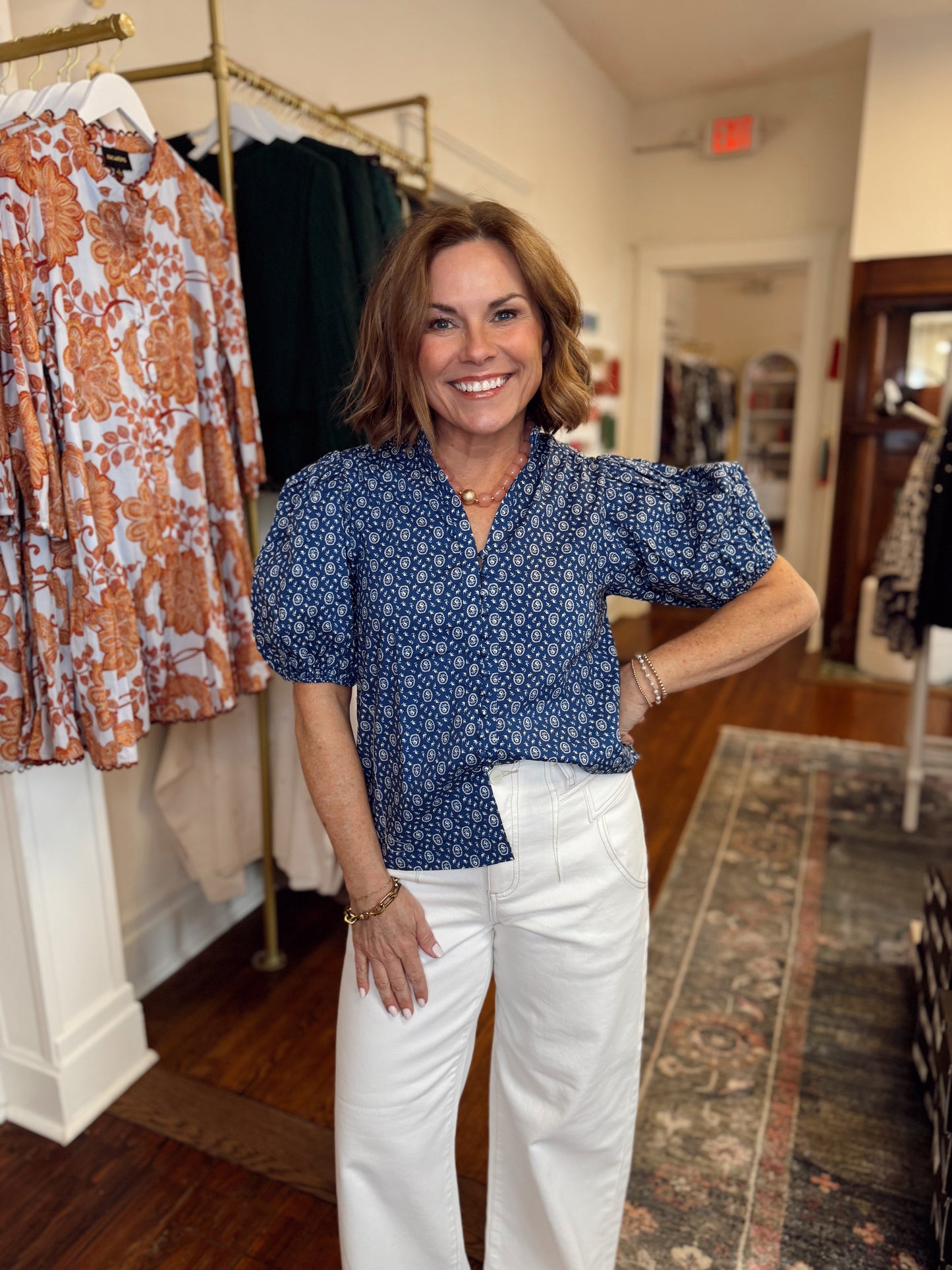 Hallie Floral Button Down Top - Navy