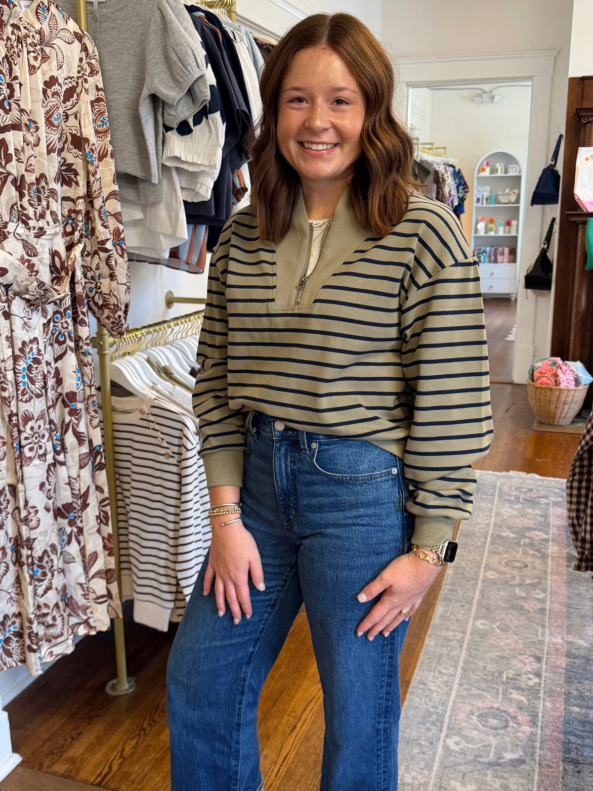 Haven Stripe Half Zip - Olive/Navy