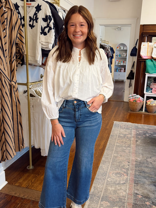 Kellar Smocked Button Down - White