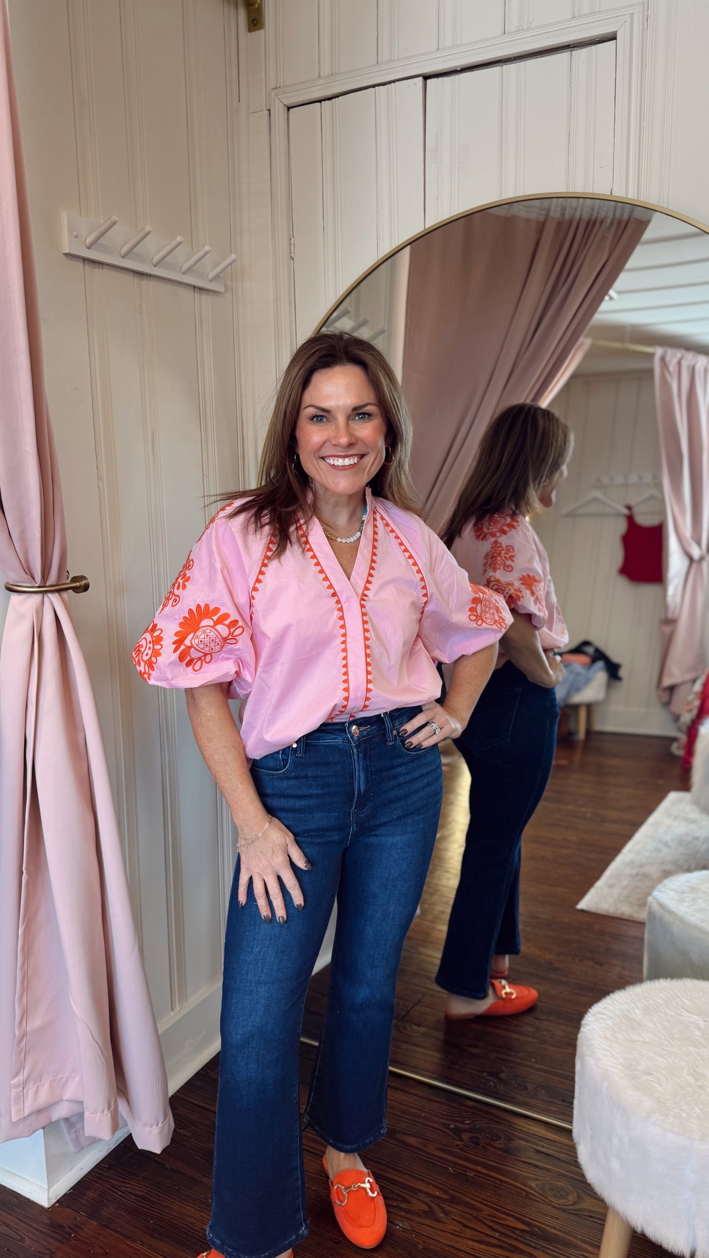 Pink & Orange Embroidered Puff Sleeve Top