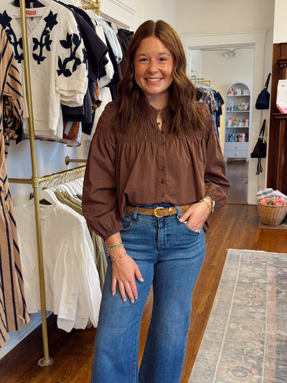 Kellar Smocked Button Down - Brown