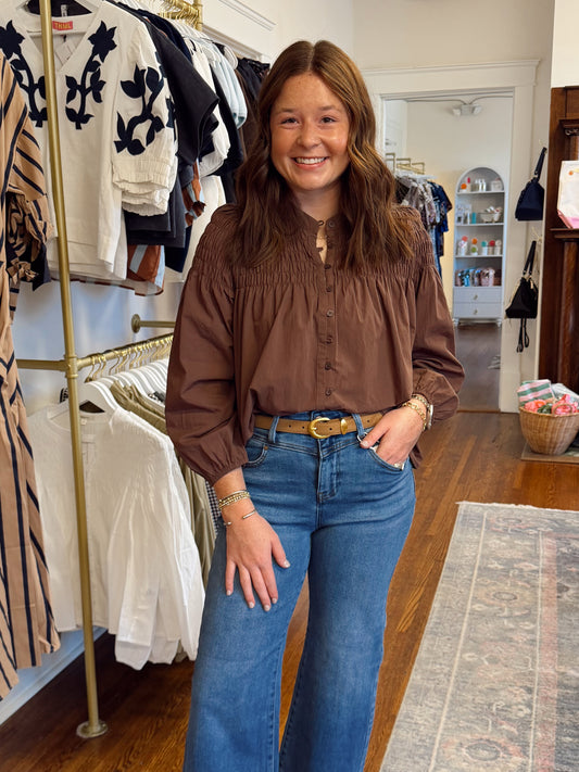 Kellar Smocked Button Down - Brown