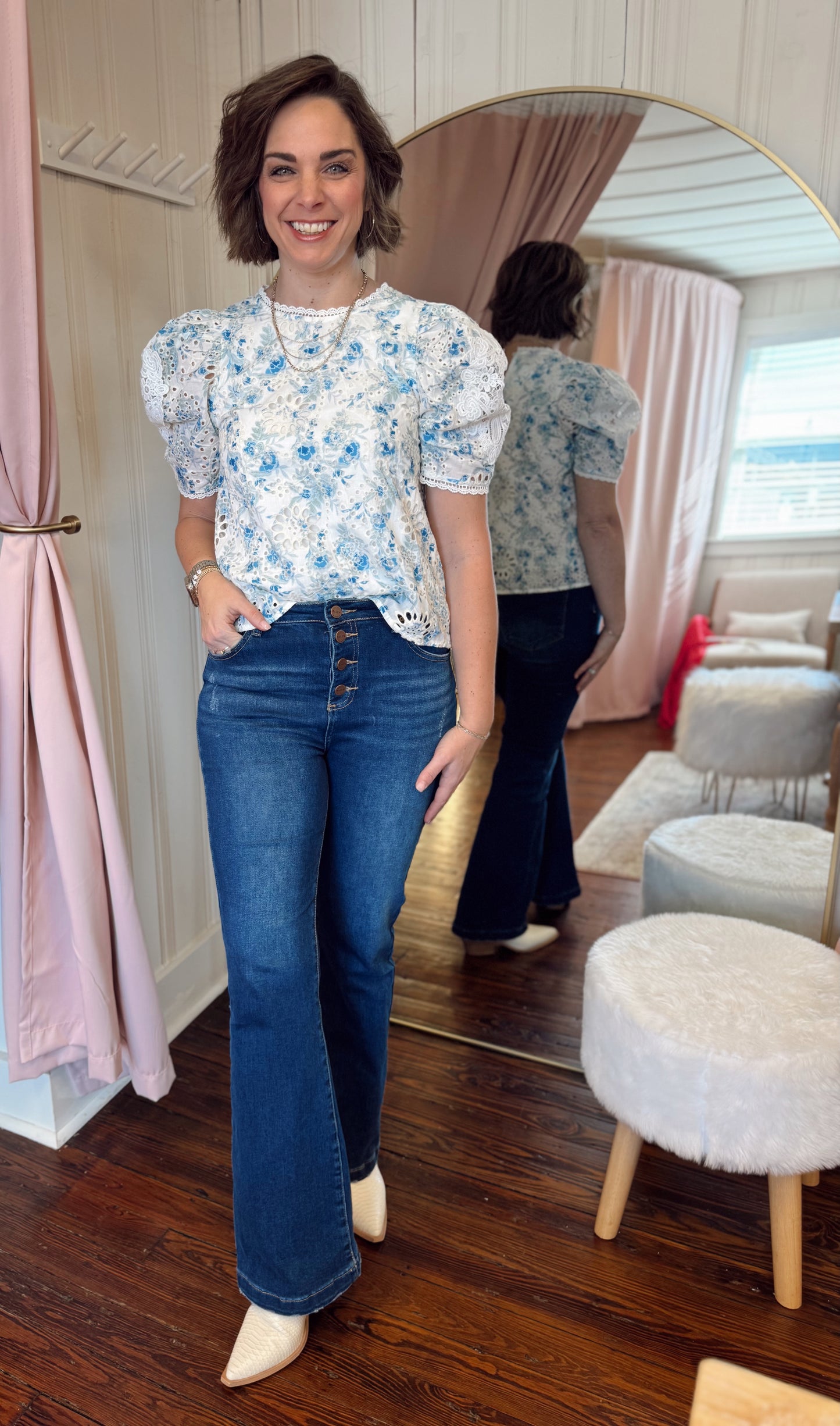 Blue Floral Eyelet Puff Sleeve Top