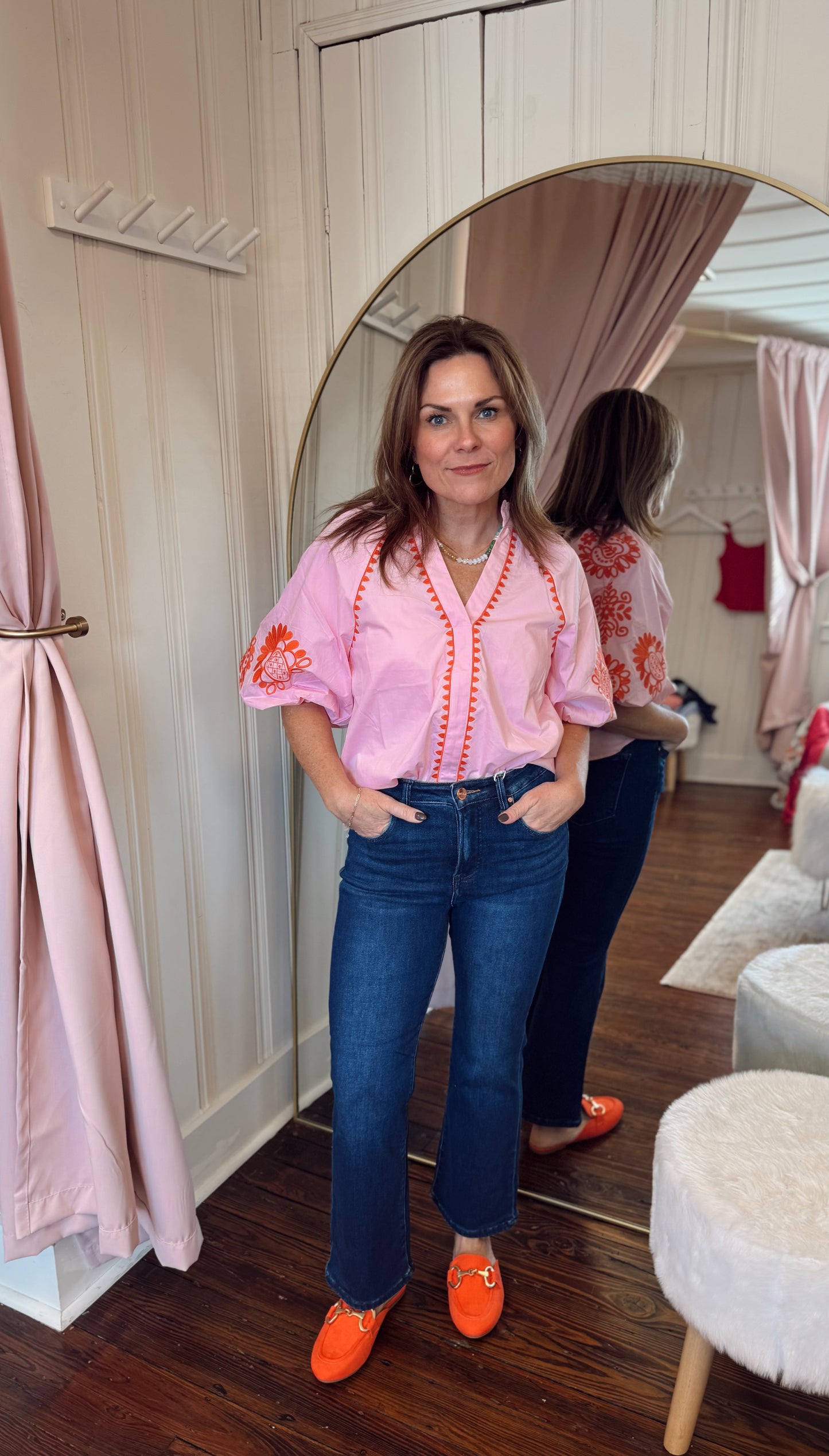 Pink & Orange Embroidered Puff Sleeve Top