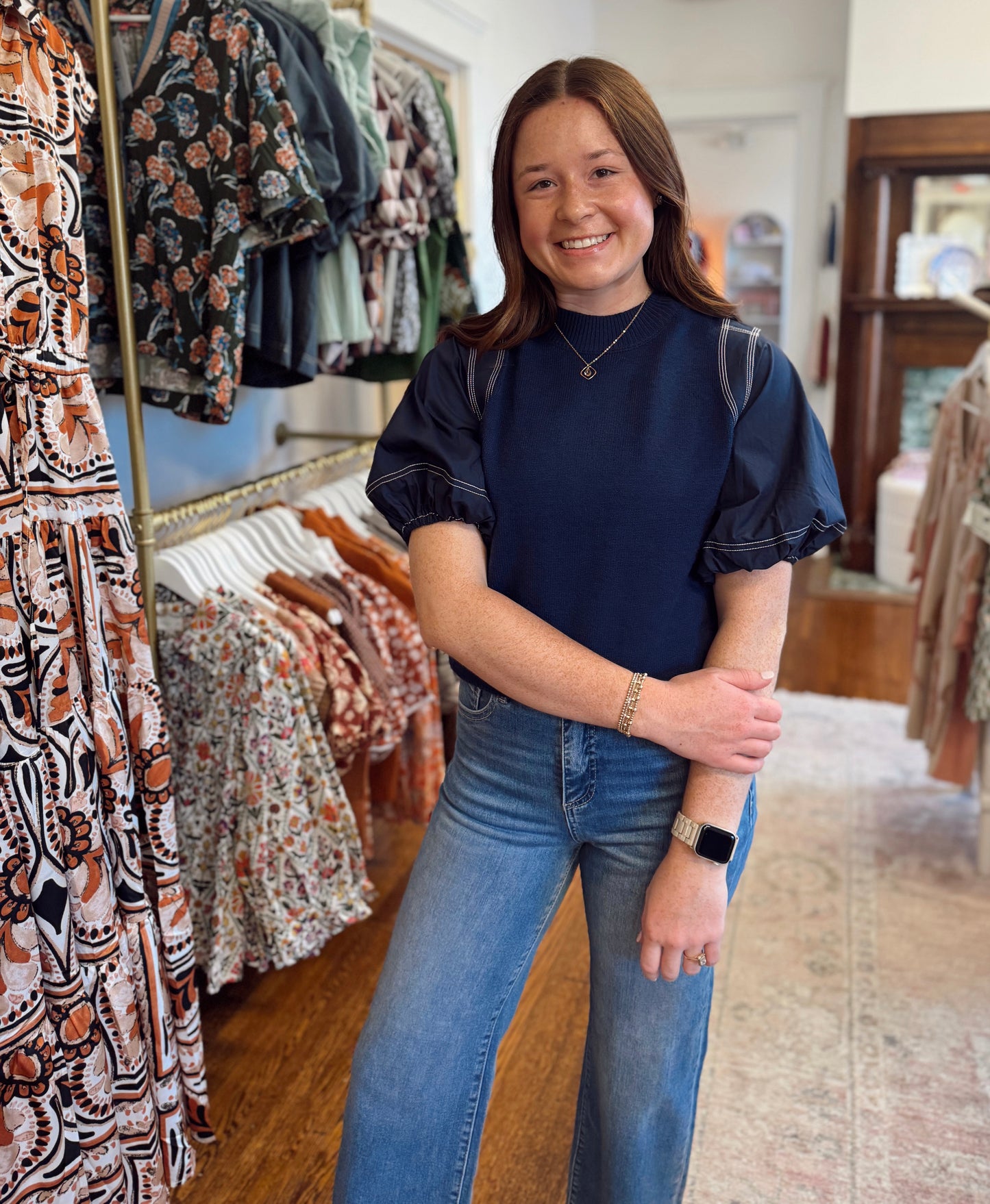 Poplin Puff Sleeve Navy Top