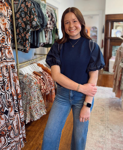 Poplin Puff Sleeve Navy Top