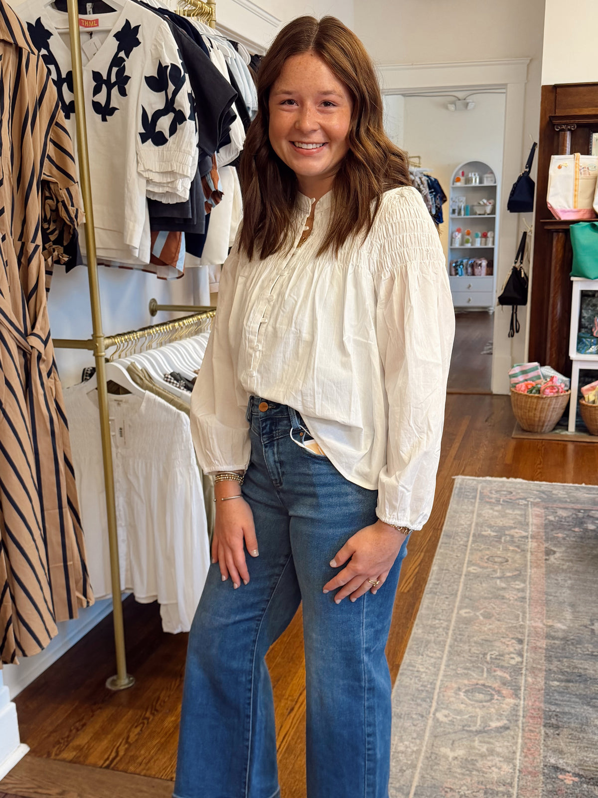 Kellar Smocked Button Down - White