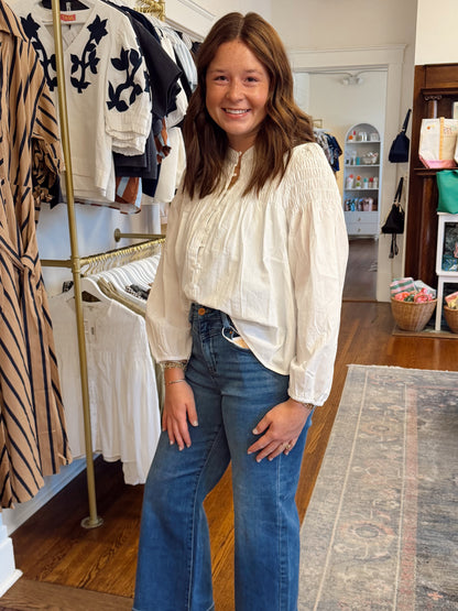 Kellar Smocked Button Down - White