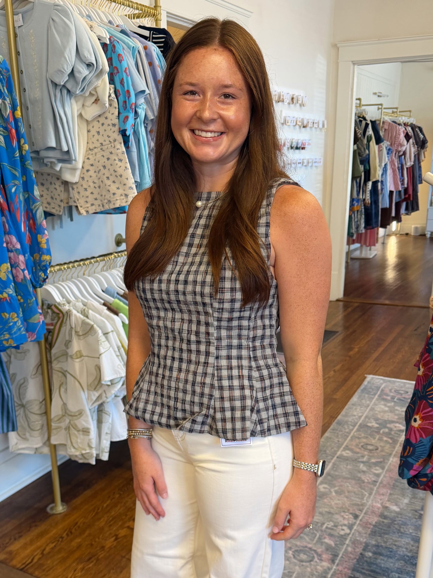 Emilee Navy Plaid Peplum Top