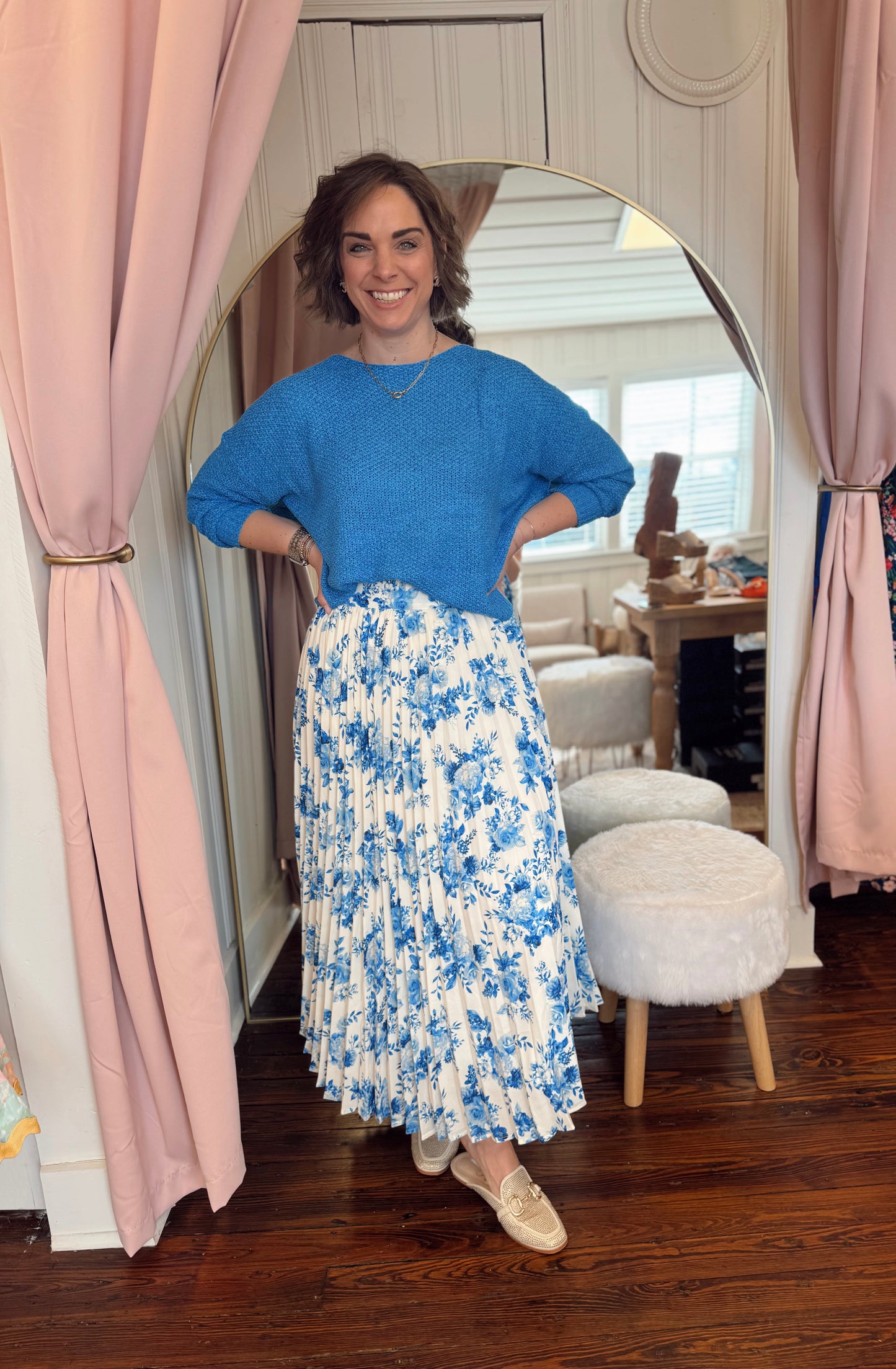 Blue Floral Pleated Skirt