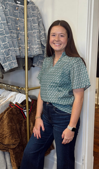 Sage Abstract Ruffle Top