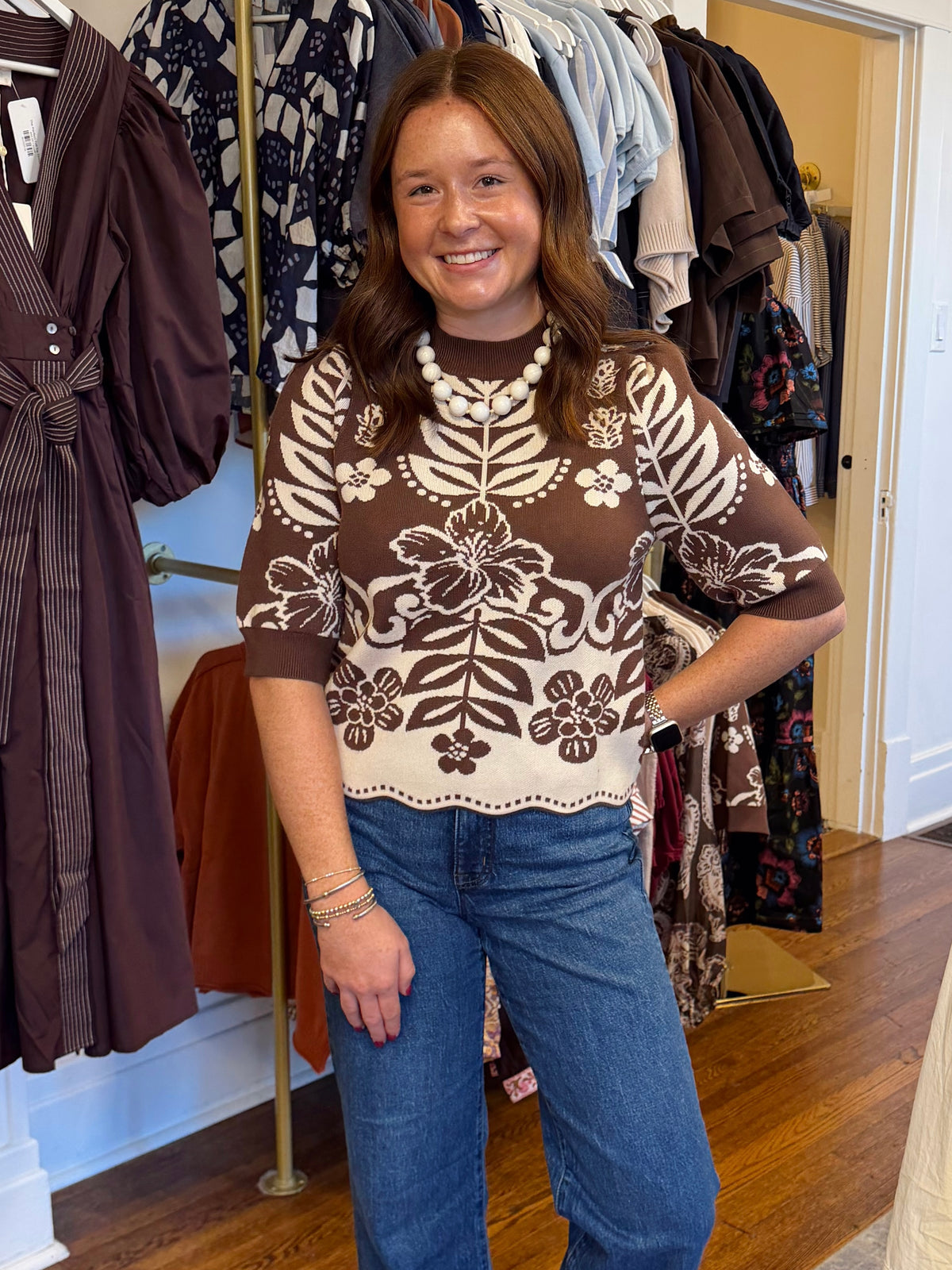 Jennifer Short Sleeve Brown Sweater