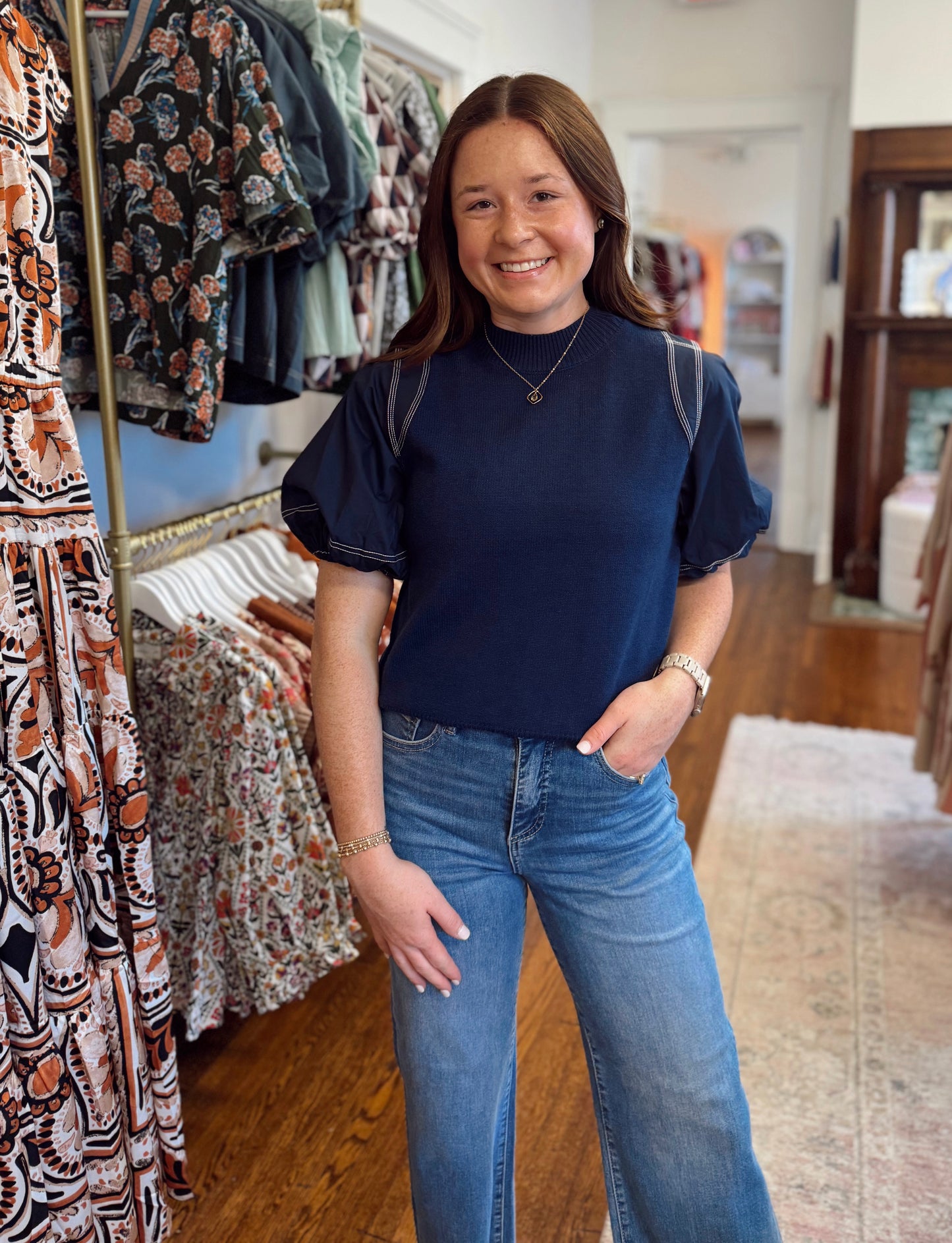 Poplin Puff Sleeve Navy Top
