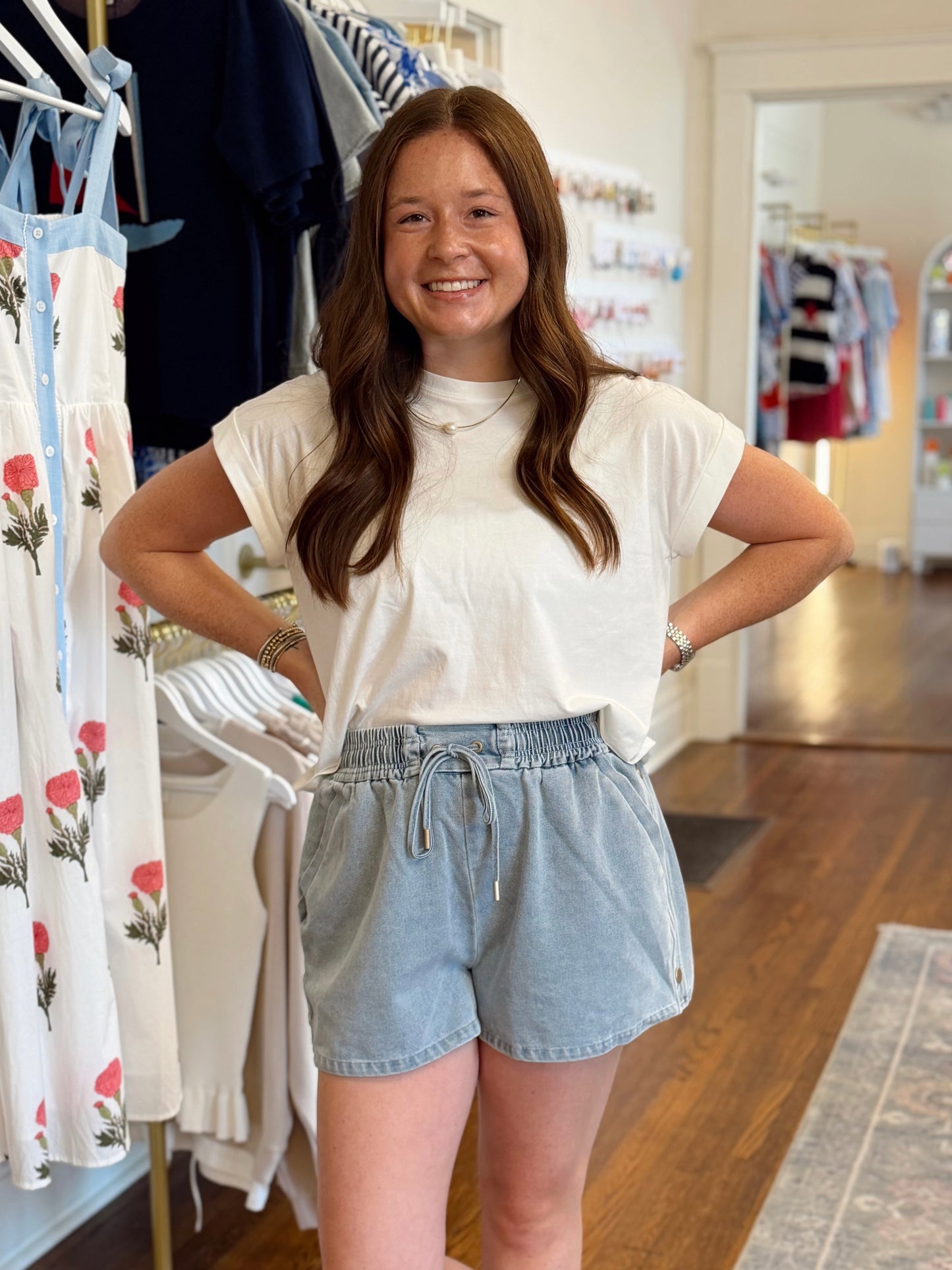 Side Button Denim Drawstring Shorts
